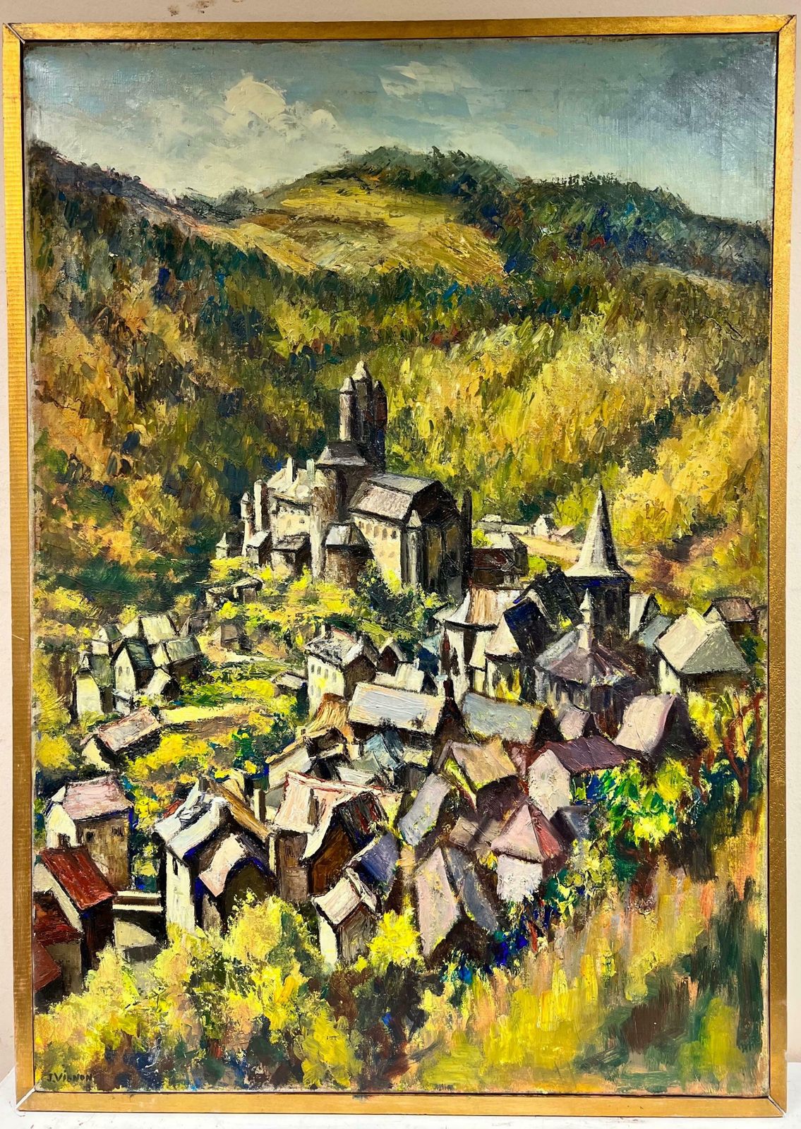 Josine Vignonhuge French Post Impressionist Oil Painting Village In Mountaintop Landscape1960's photo furniture