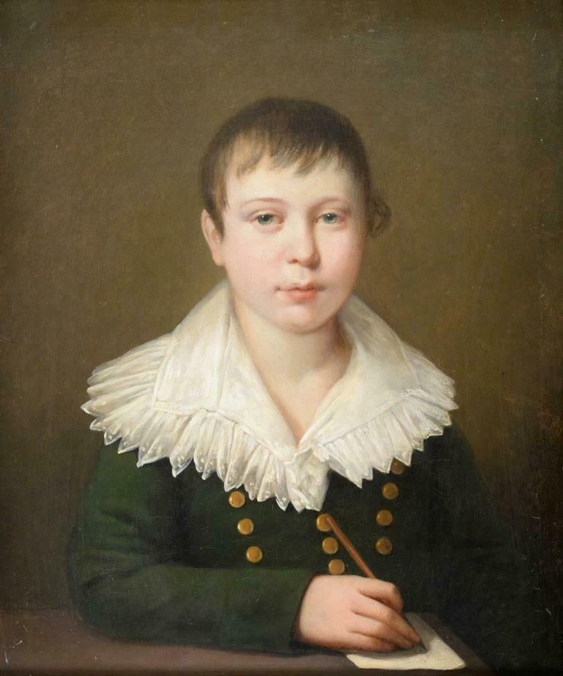 Fine 1800's Portrait Of Young Aristocratic Boy With Letter & Pen Oil On Canvas