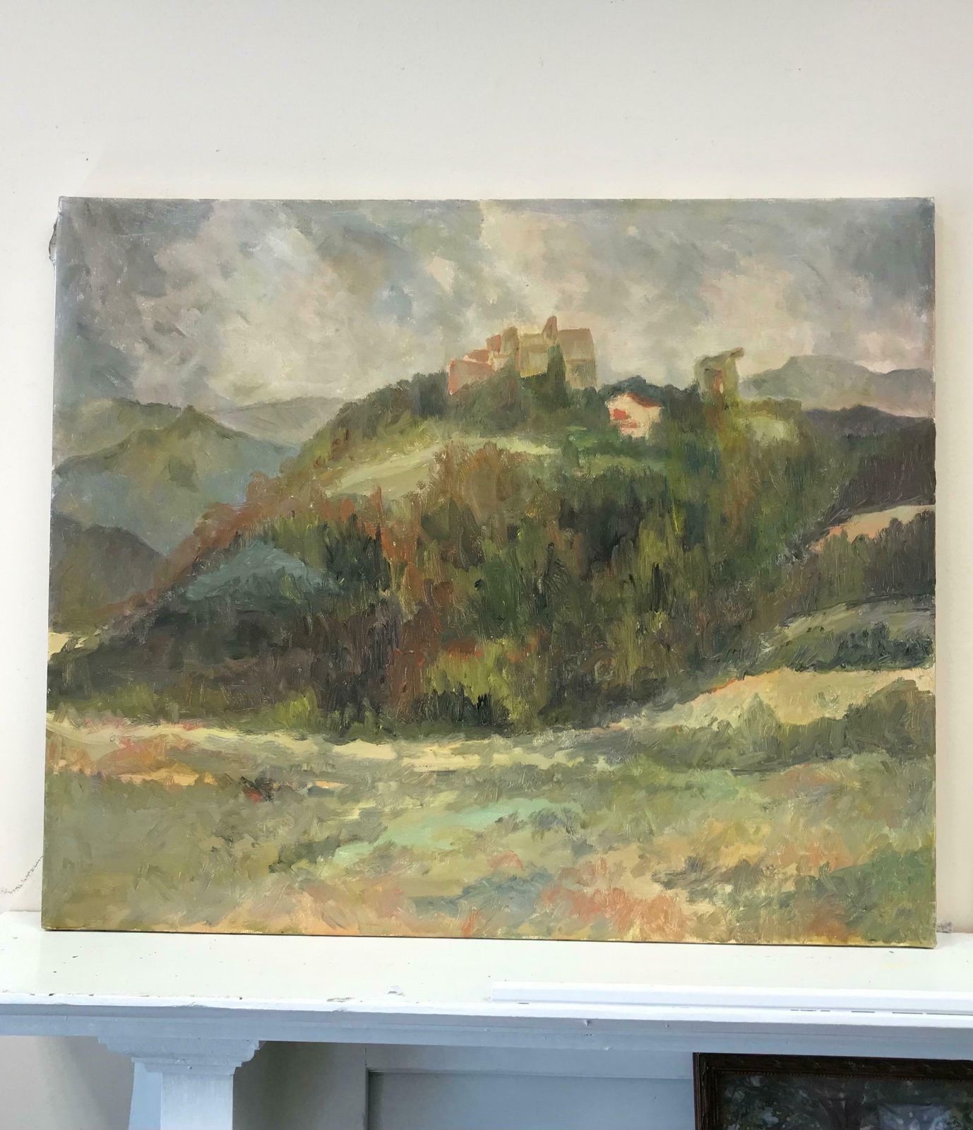 Bernard Labbemid 20th Century French Landscape With Hill Top Chateau, Soft Green Colors photo furniture