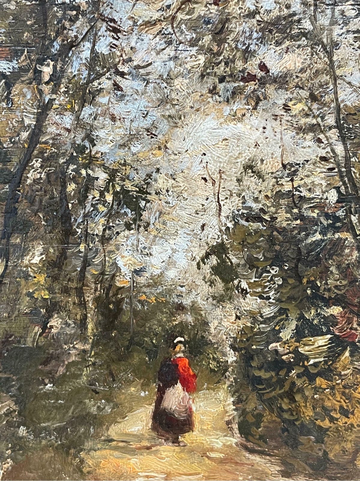 Paul Flaubertfine French Impressionist Oil Painting Lady Walking Woodland Path Dappled Light