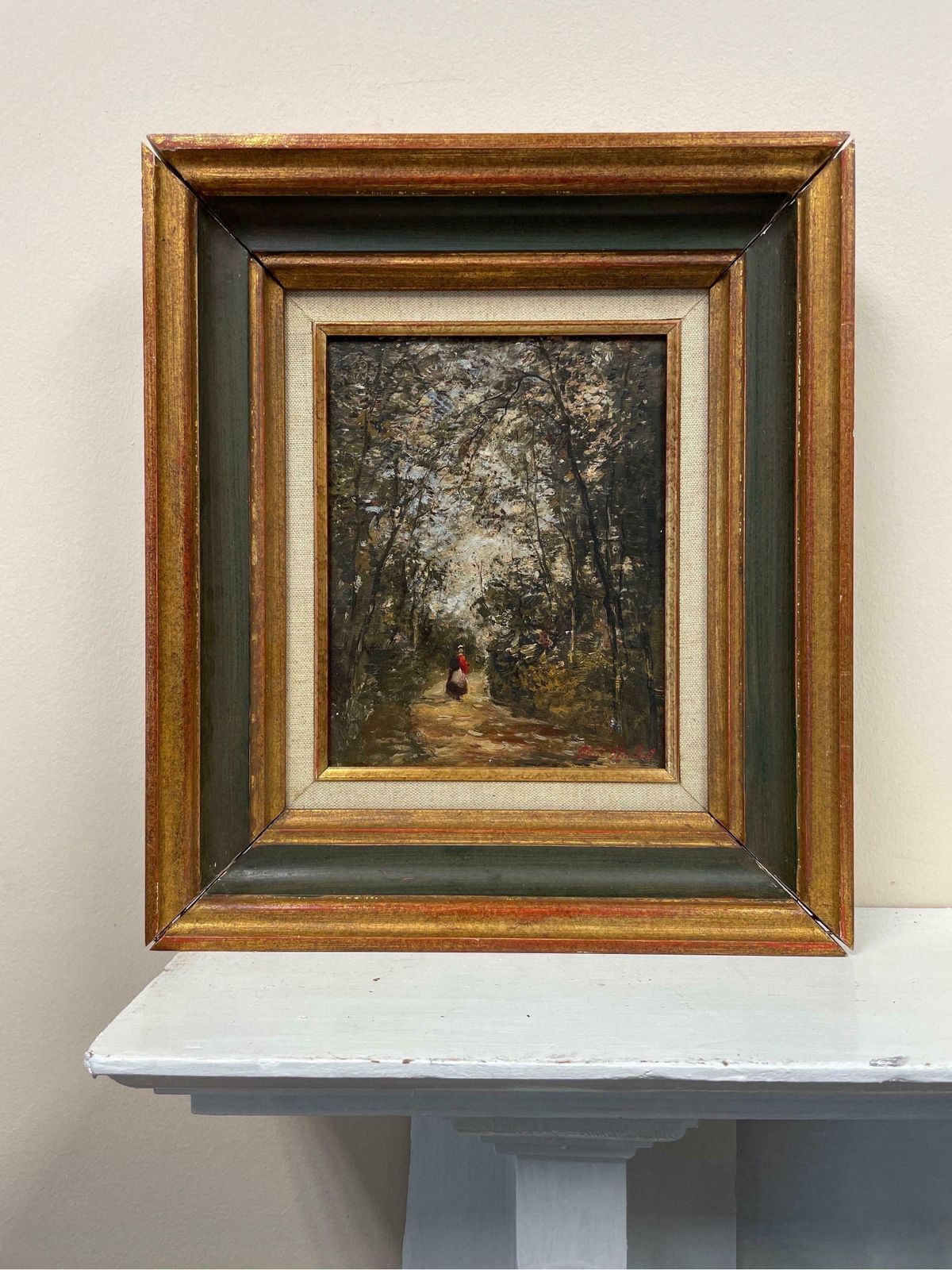 Paul Flaubertfine French Impressionist Oil Painting Lady Walking Woodland Path Dappled Light photo for sale