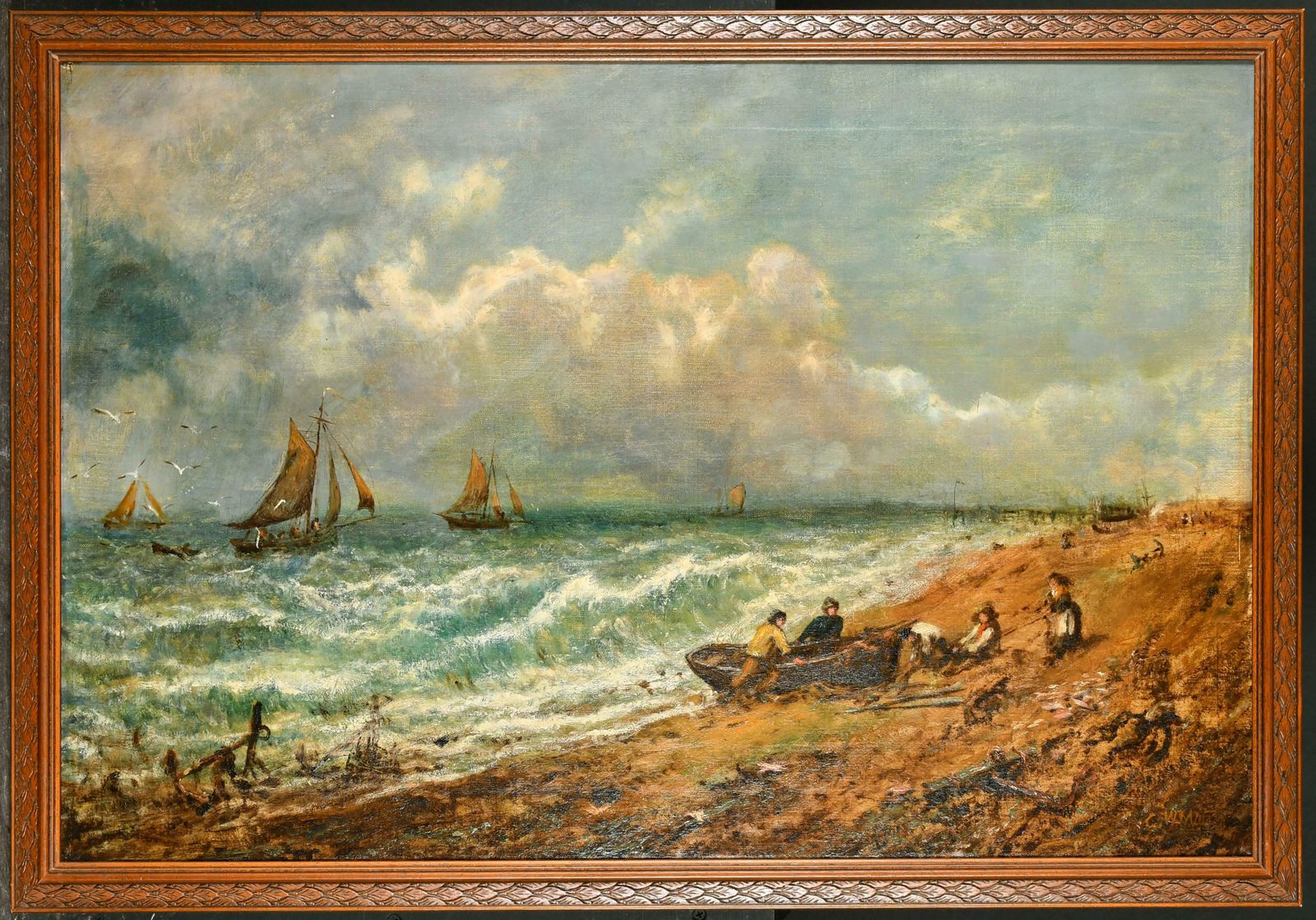 George William Motelarge Victorian Oil Painting Fisherfolk On Windswept Beach Choppy Seas & Sky photo furniture