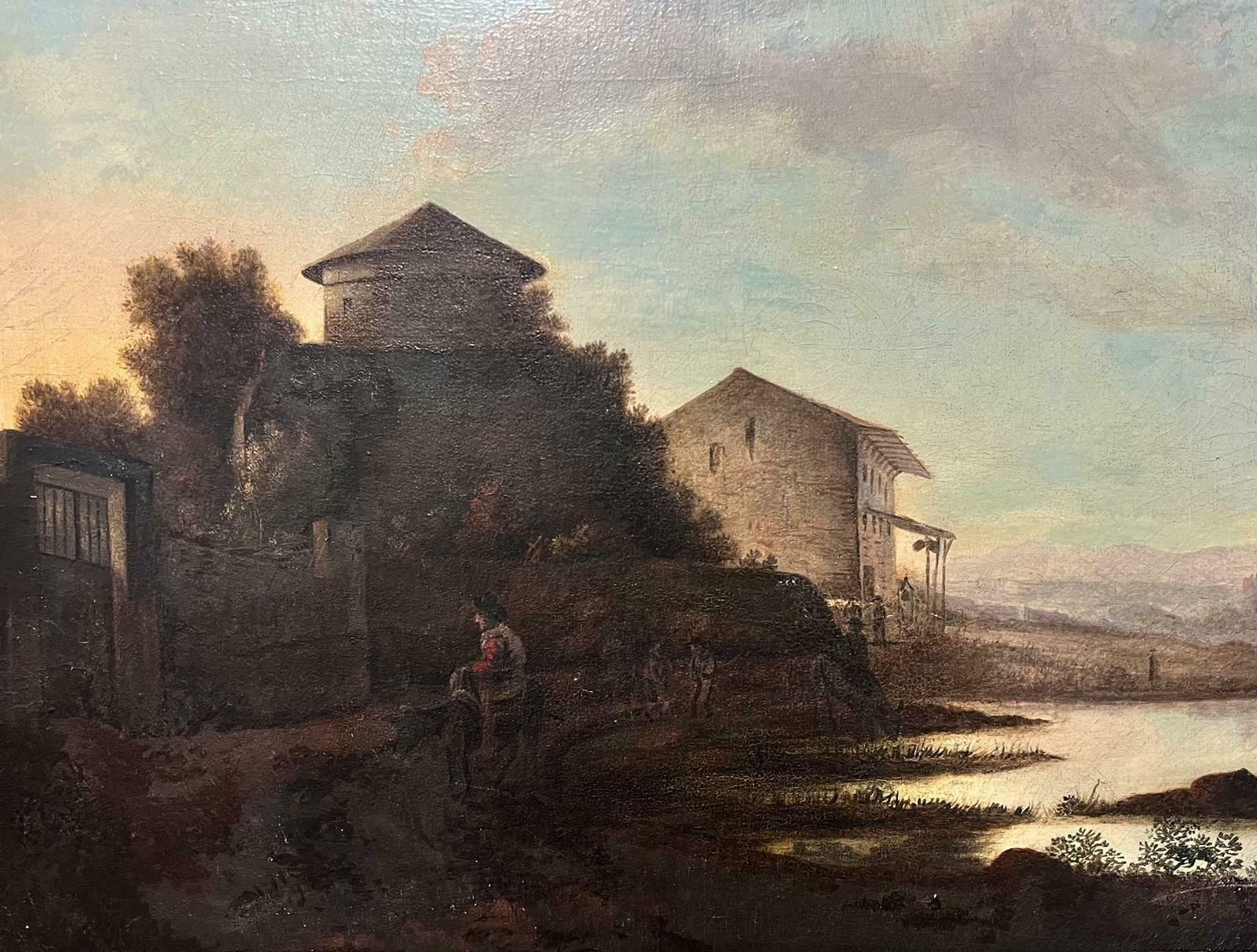 1800's Dutch Schoolantique Dutch Oil Painting Figures At Sunset By Coastal Estuary With Buildings