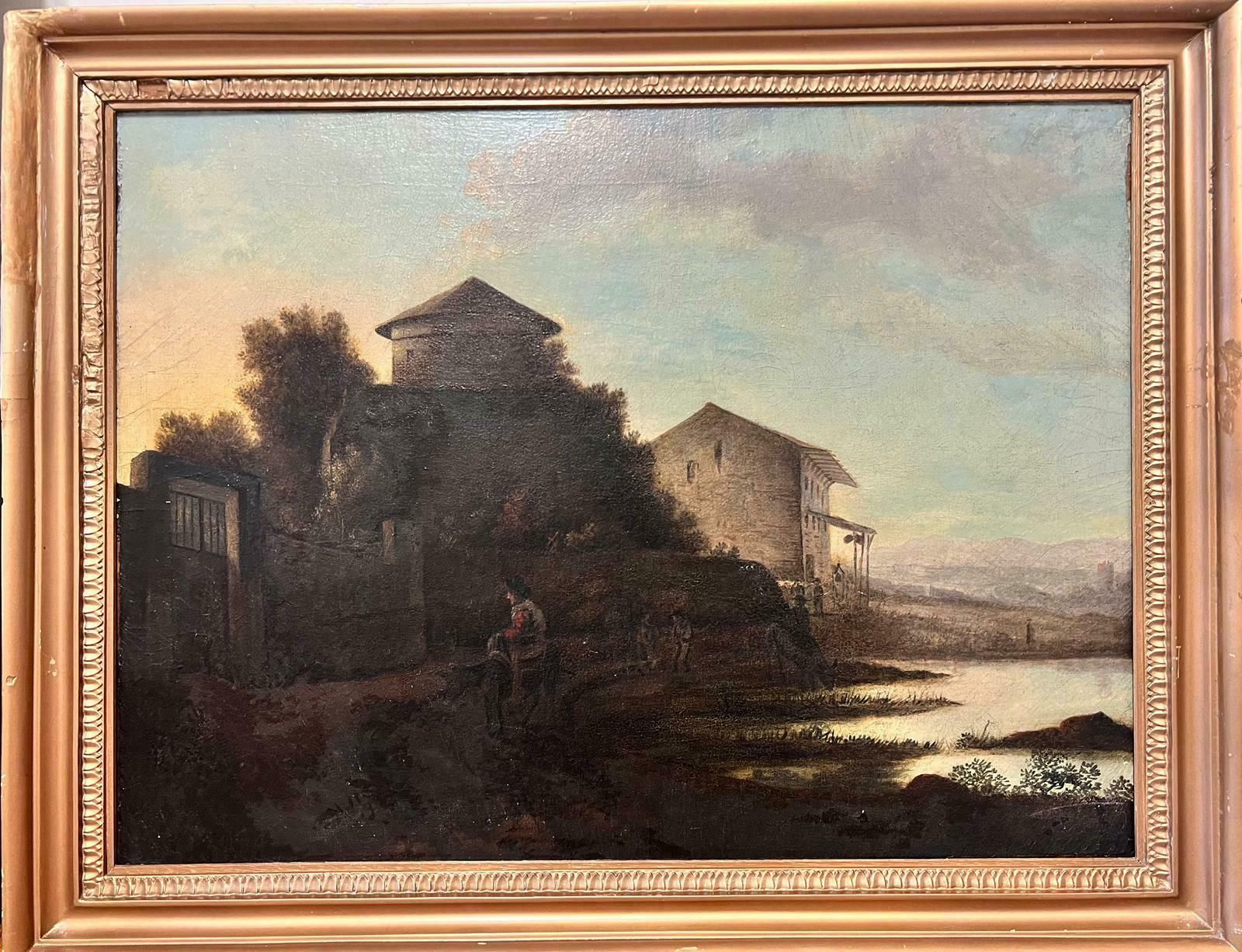 1800's Dutch Schoolantique Dutch Oil Painting Figures At Sunset By Coastal Estuary With Buildings photo furniture