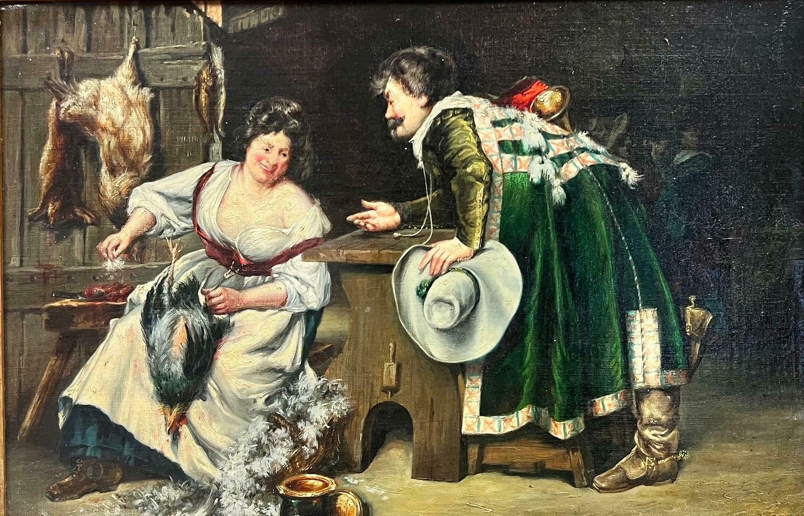 French Schoolantique Signed Oil Tavern Cook Plucking Bird Flirting With Cavalier, Gilt Frame1890's photo furniture