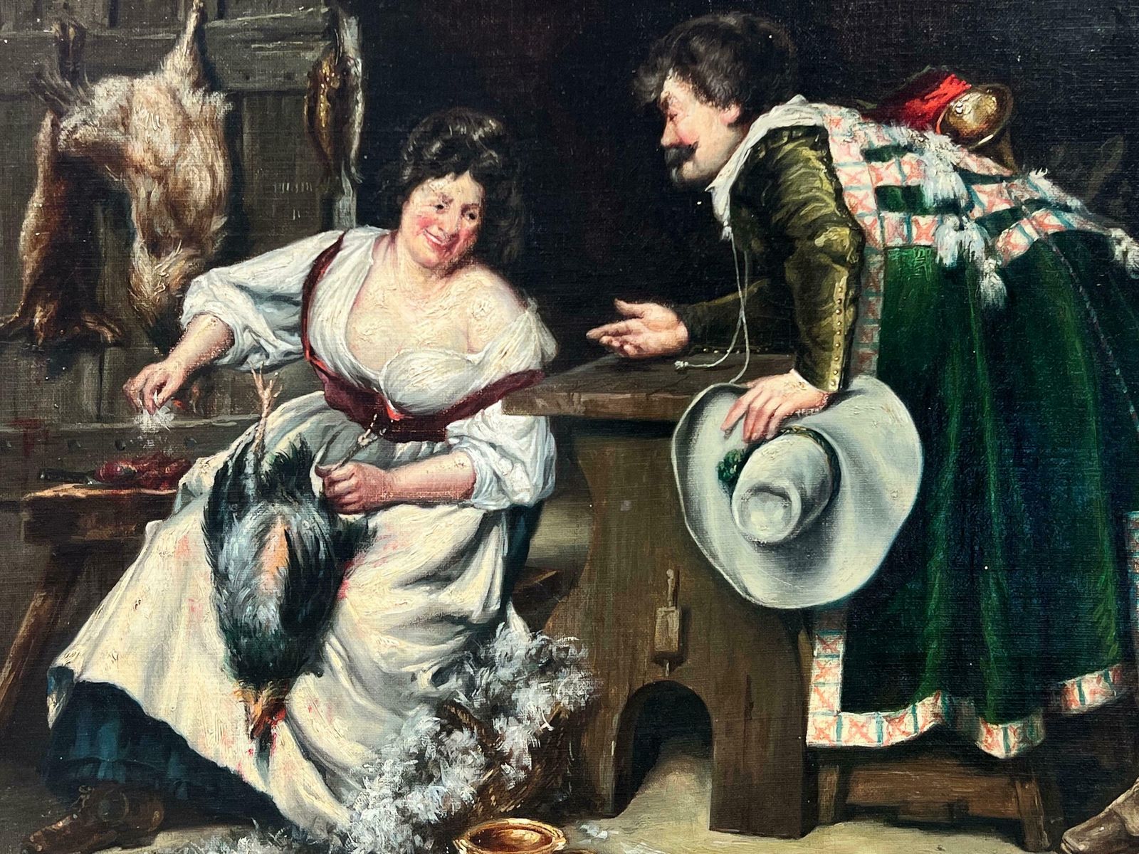 French Schoolantique Signed Oil Tavern Cook Plucking Bird Flirting With Cavalier, Gilt Frame1890's photo vinterior