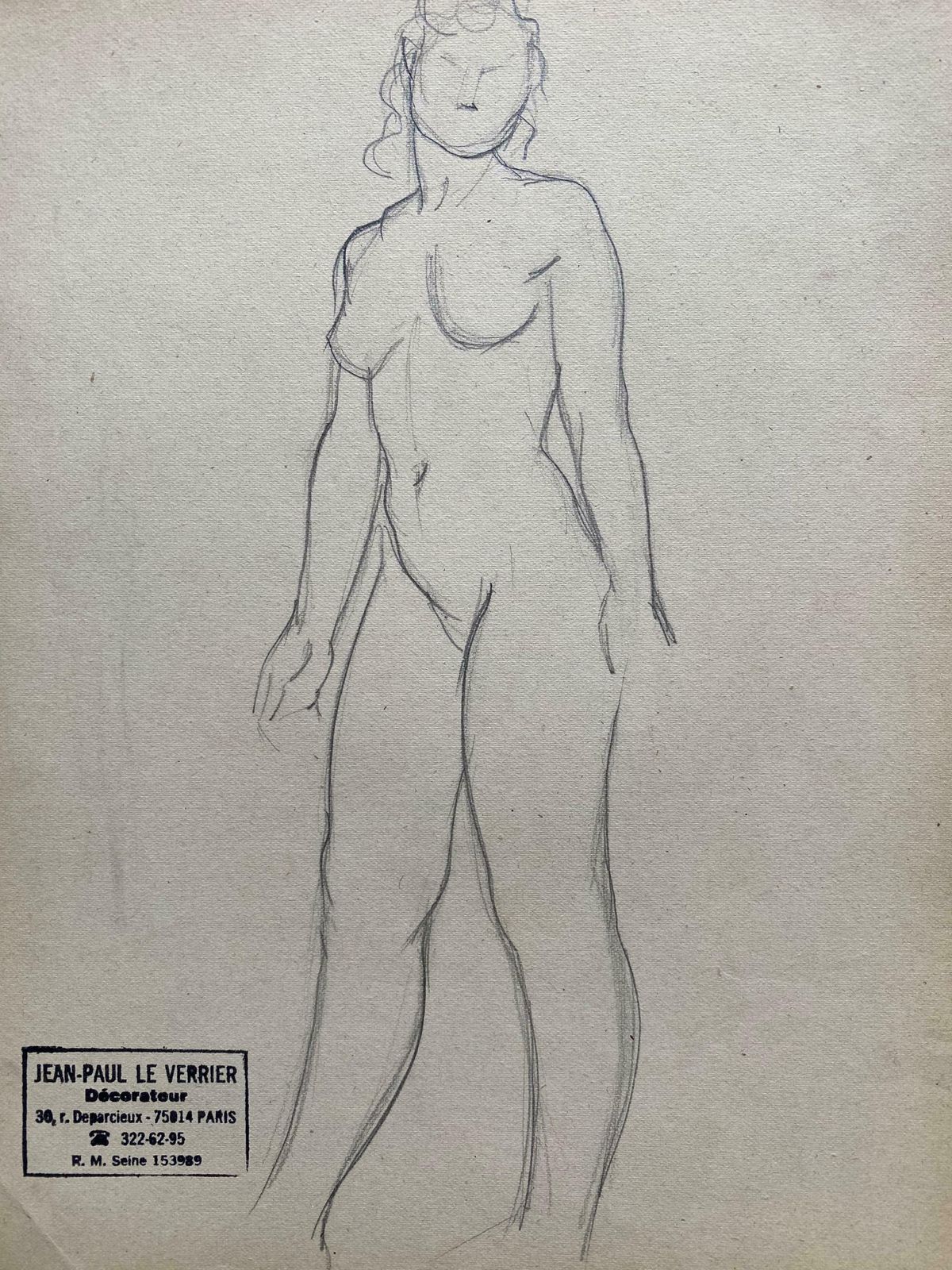Jean Paul Le Verriermid 20th Century French Original Line Drawing Sketch Nude Lady   Stamped