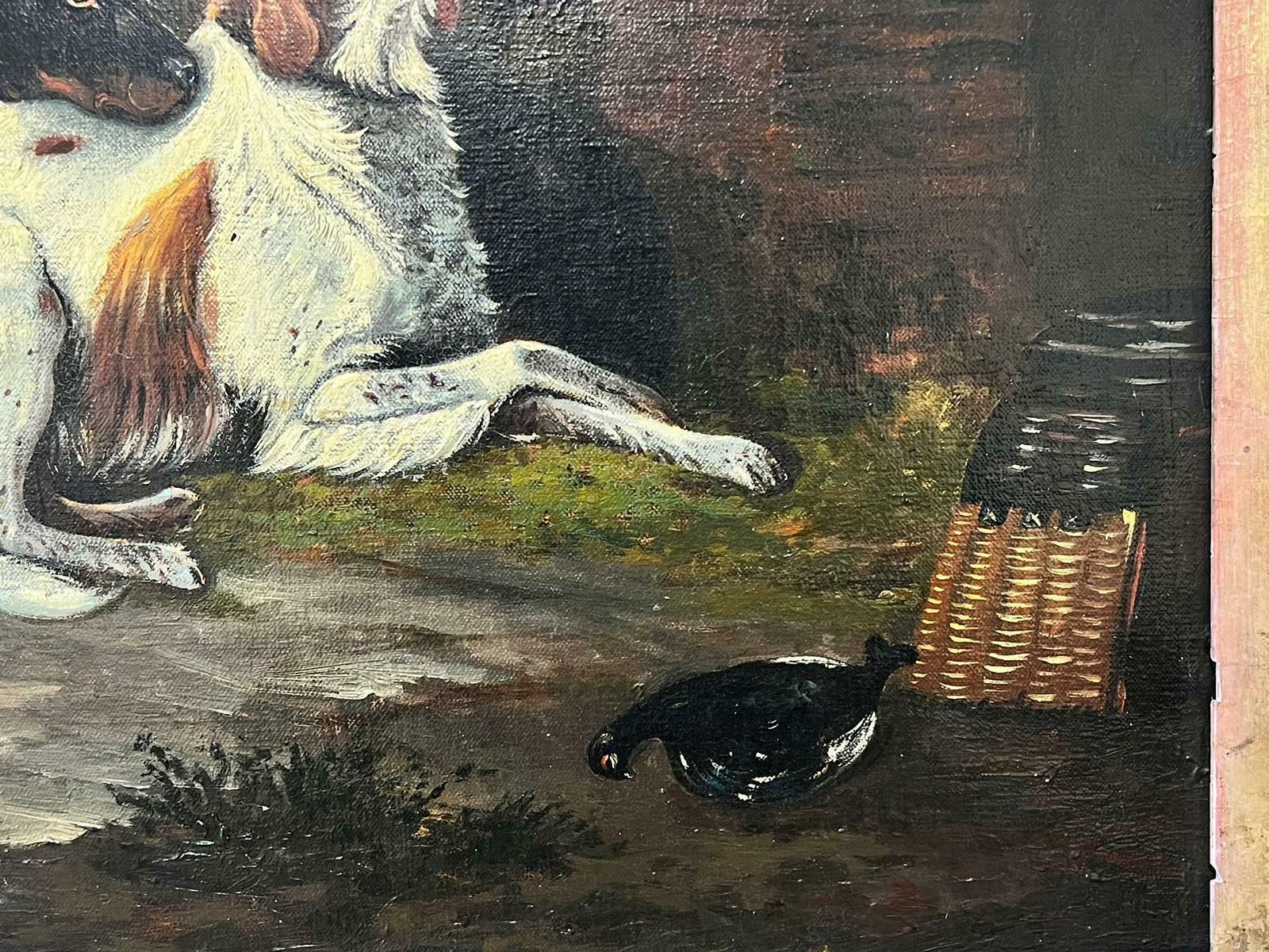 English Sporting Artwaiting For The Master Two Hunting Dogs Outside Gamekeepers Cottage Oil Painting photo Art