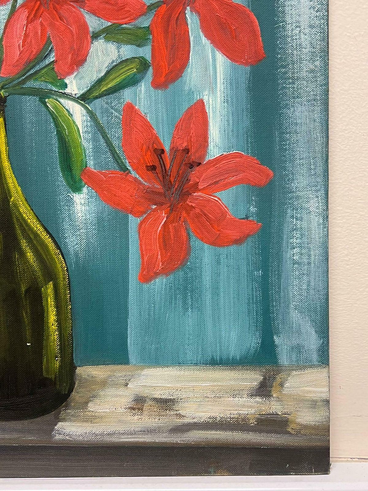 Louise Alixmid 20th Century French Oil Painting Red Lilies In Green Glass Bottle Interior 1940's photo furniture