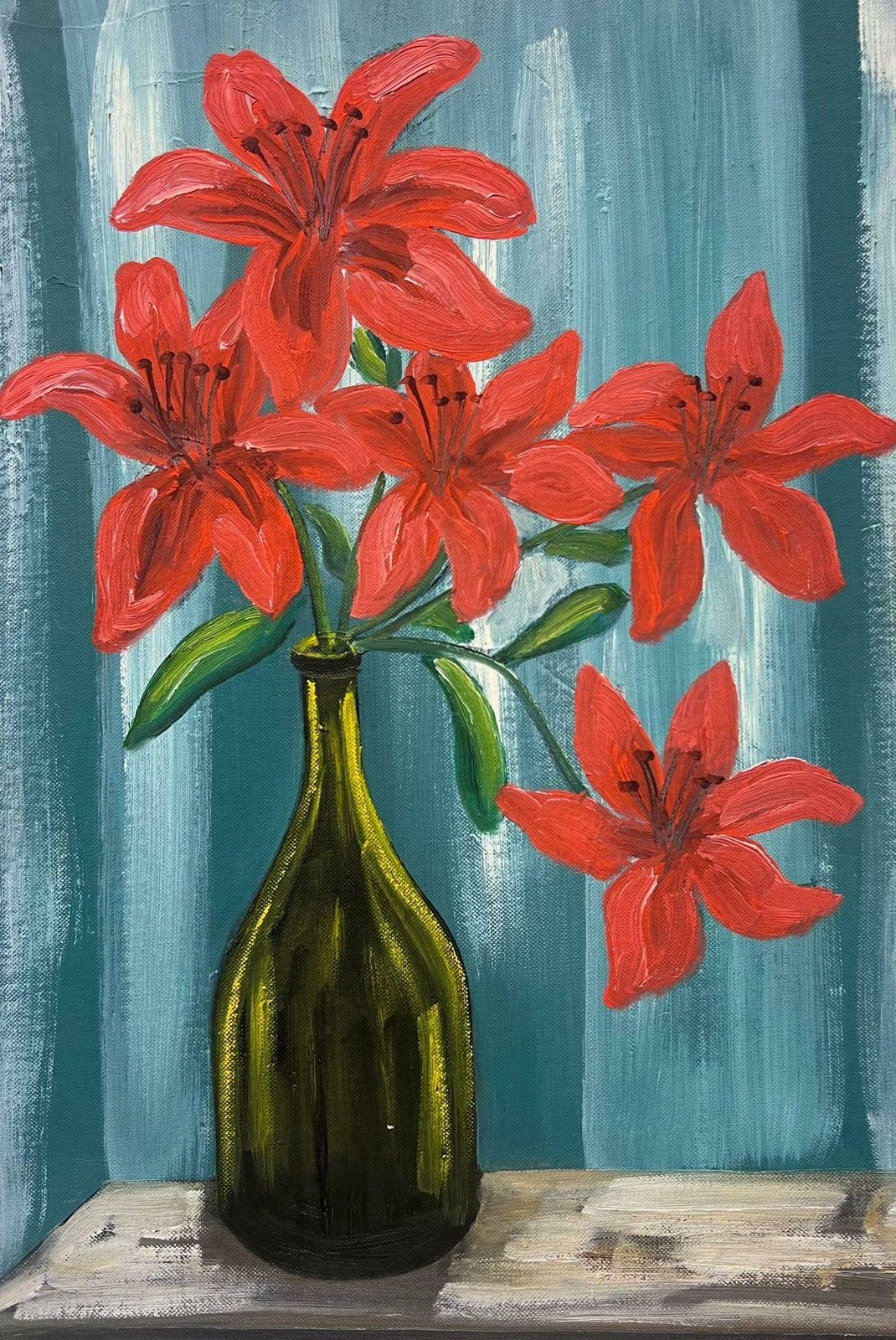 Louise Alixmid 20th Century French Oil Painting Red Lilies In Green Glass Bottle Interior 1940's photo Art