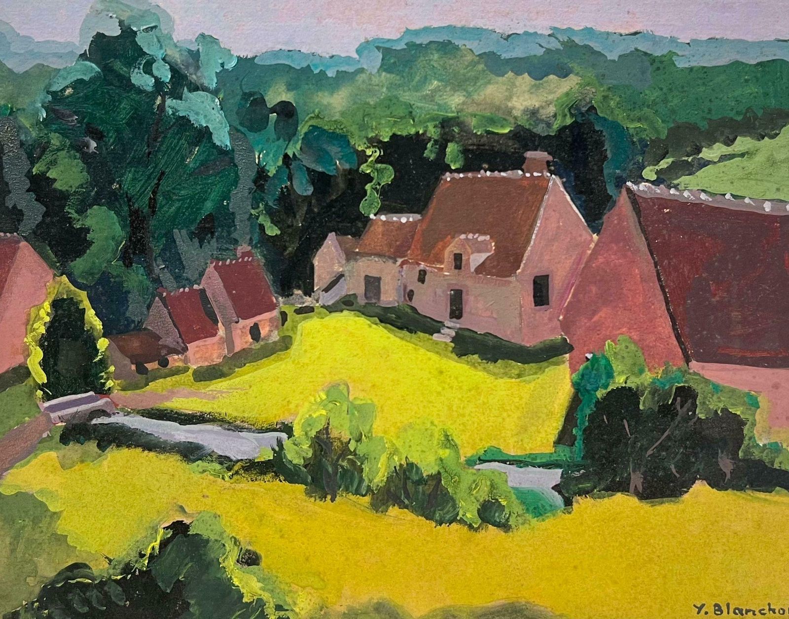 Y. Blanchon1930's French Impressionist Brown Houses In Bright Yellow Fields Landscape1930's