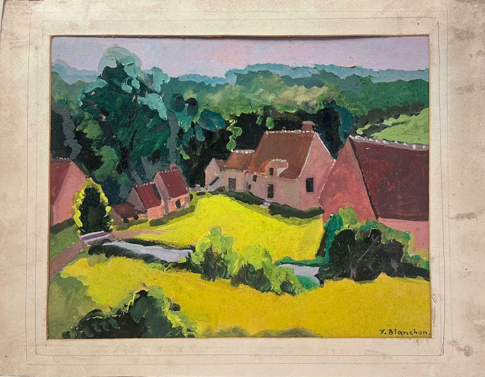 Y. Blanchon1930's French Impressionist Brown Houses In Bright Yellow Fields Landscape1930's photo furniture