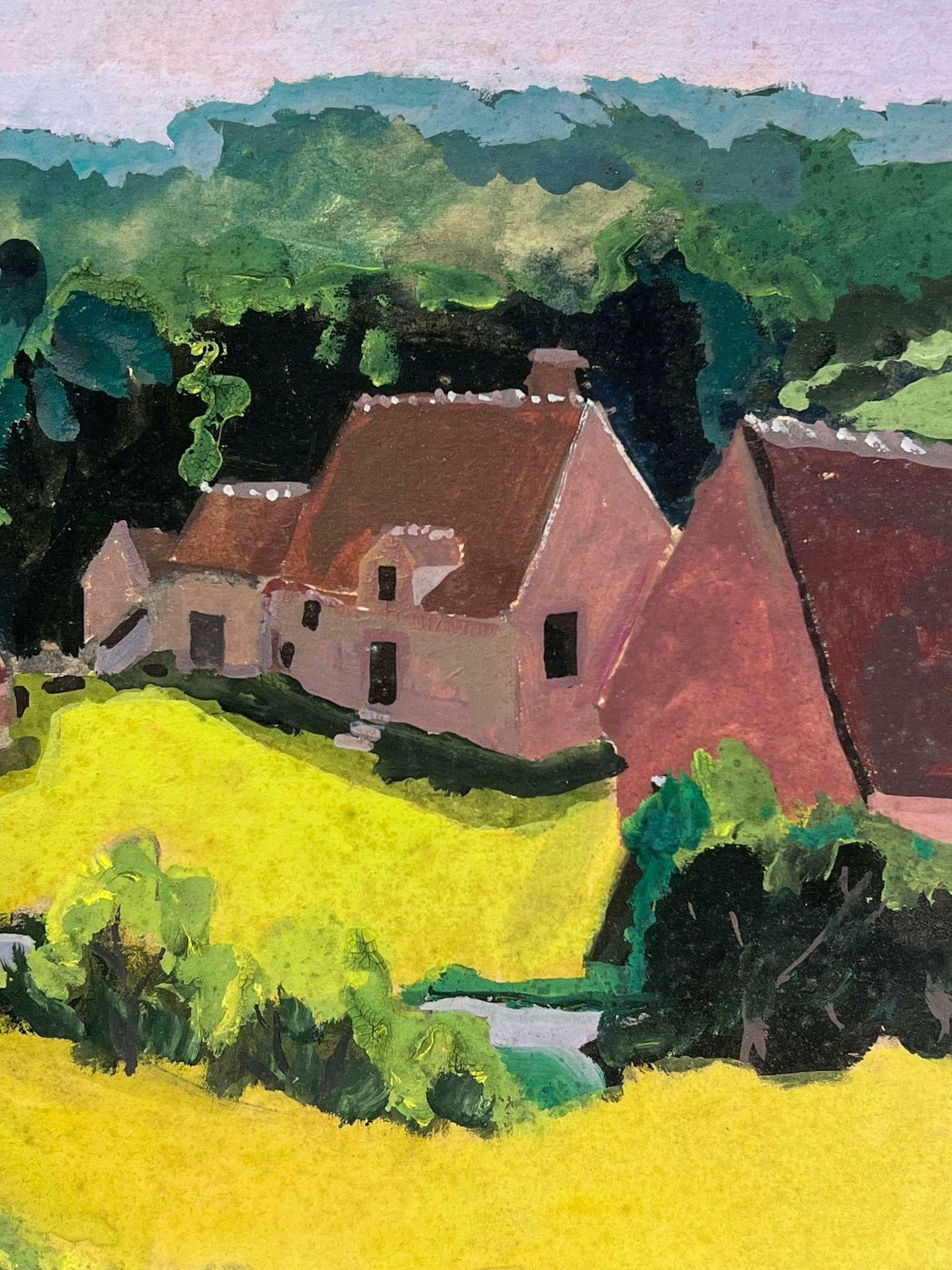 Y. Blanchon1930's French Impressionist Brown Houses In Bright Yellow Fields Landscape1930's photo Art