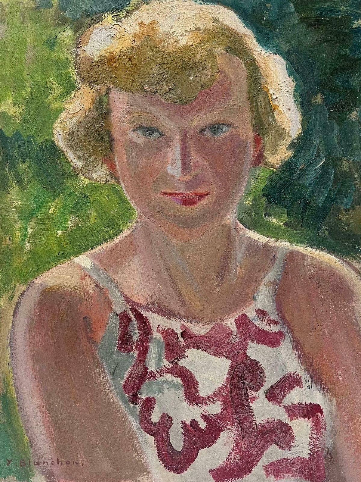 Y. Blanchonblonde Lady In Red & White Vest Portrait 1930's French Impressionist1930's photo furniture