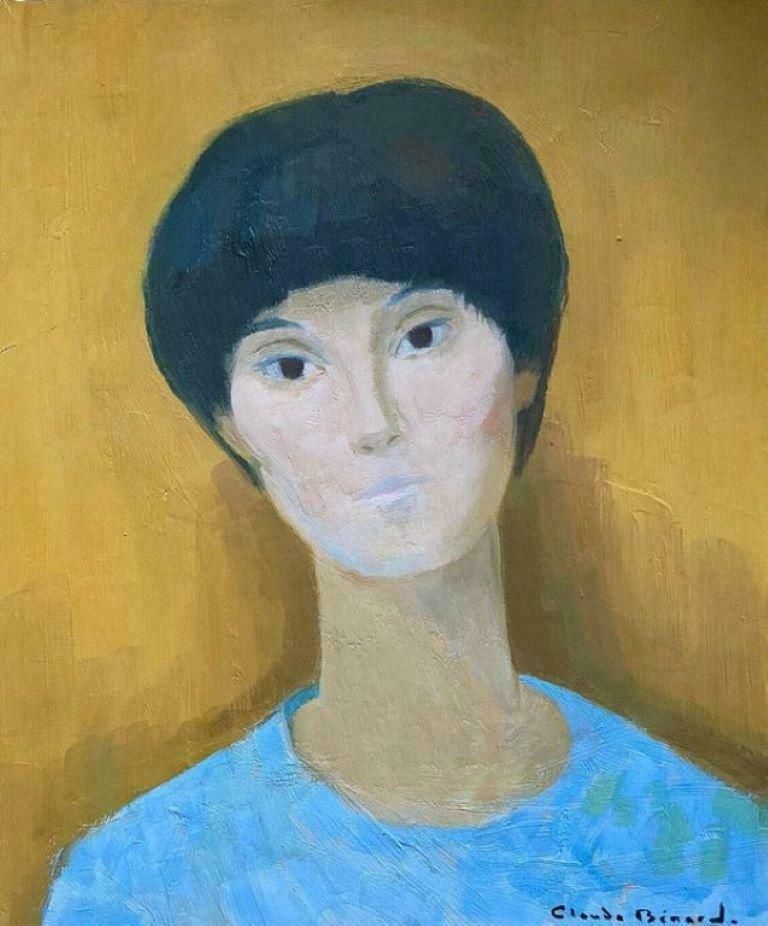 Claude Benardyellow Background Portrait Of A 1960s Fashionable Lady In Blue1960