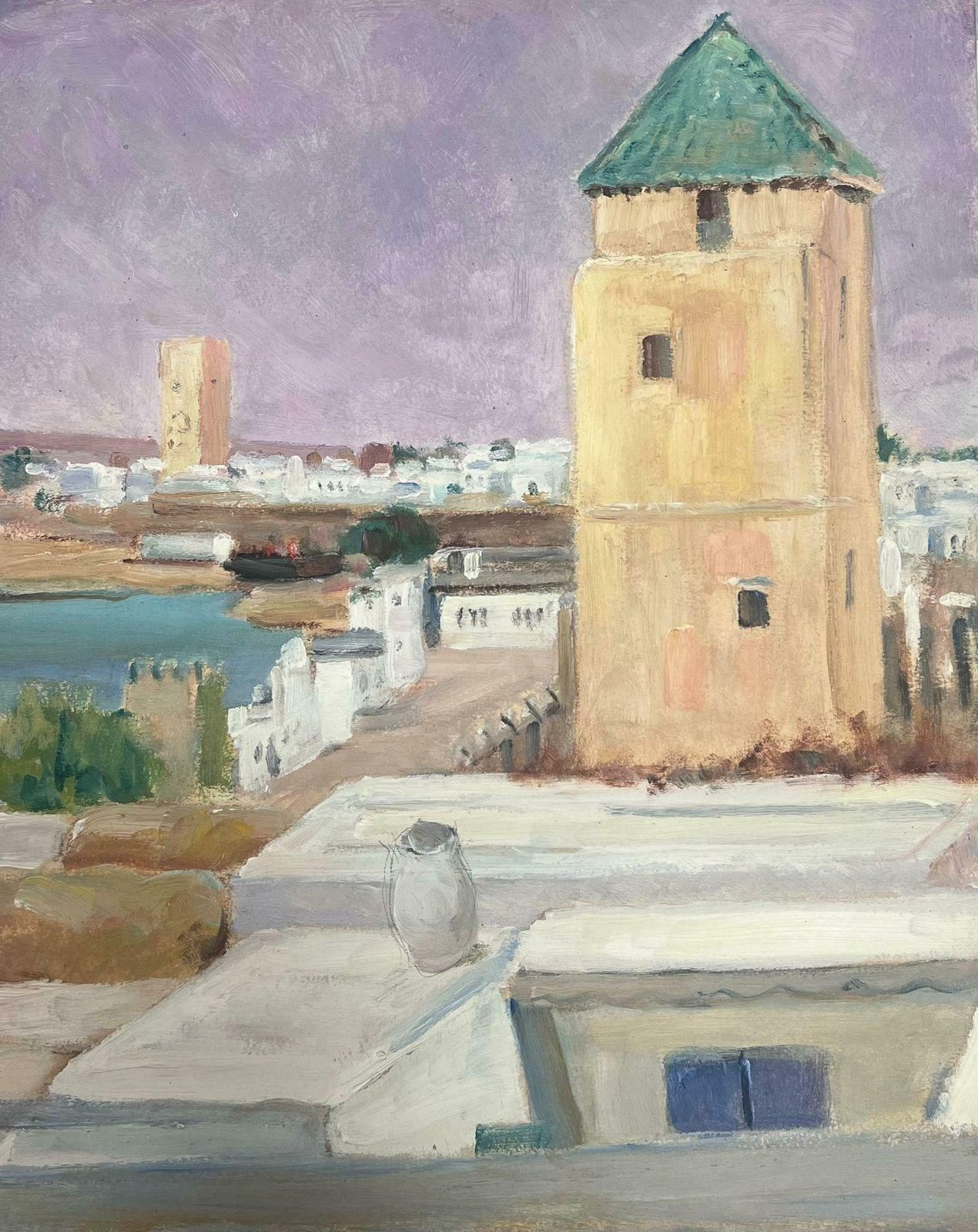 Y. Blanchon1930's Gouache Tall Beige Stone Tower In French Town Landscape 1930's