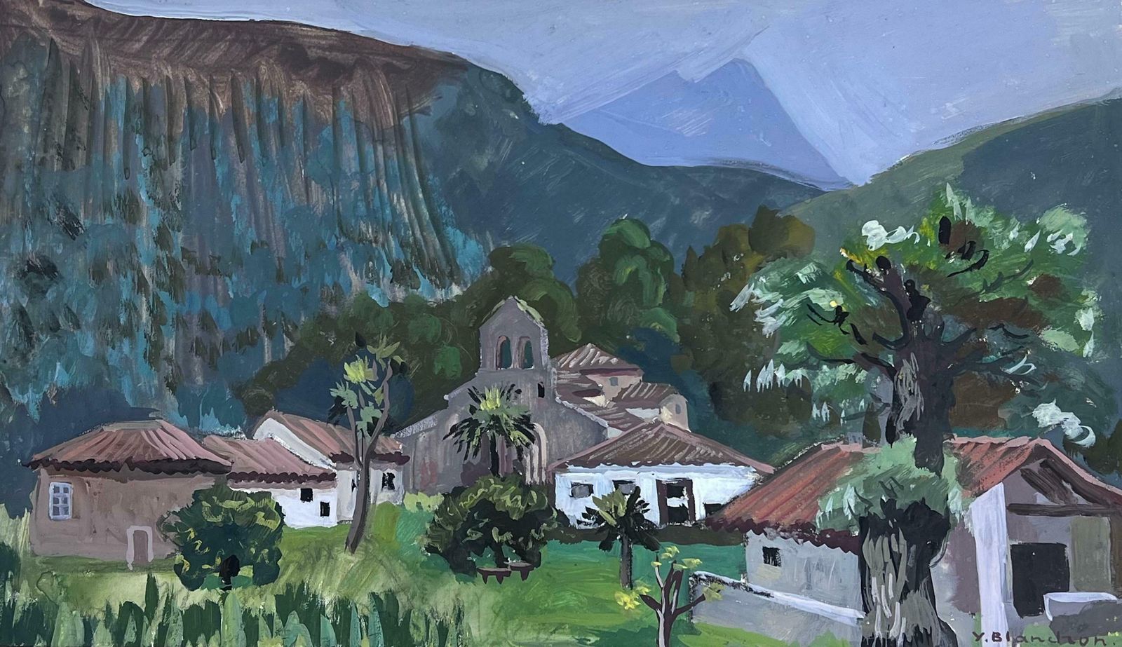 Y. Blanchon1930's Gouache Painting French Town Temple In The Mountains 1930's