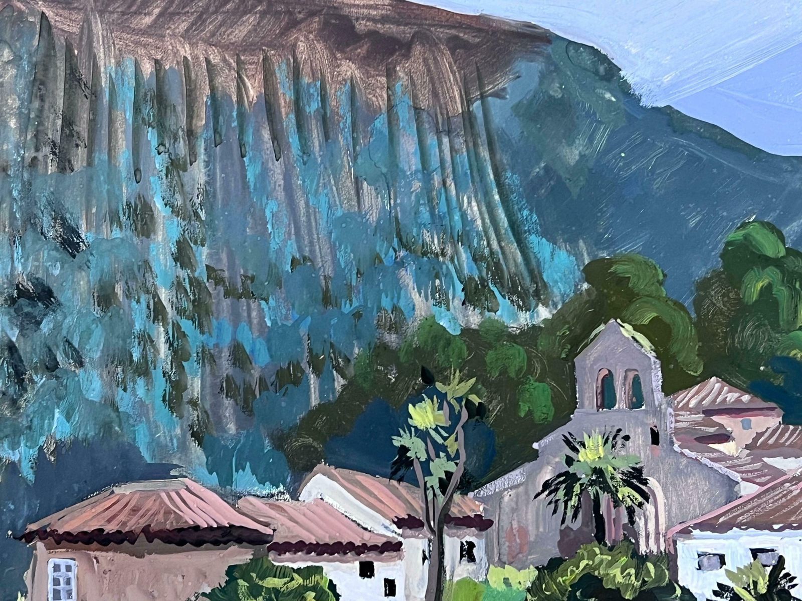 Y. Blanchon1930's Gouache Painting French Town Temple In The Mountains 1930's photo Art