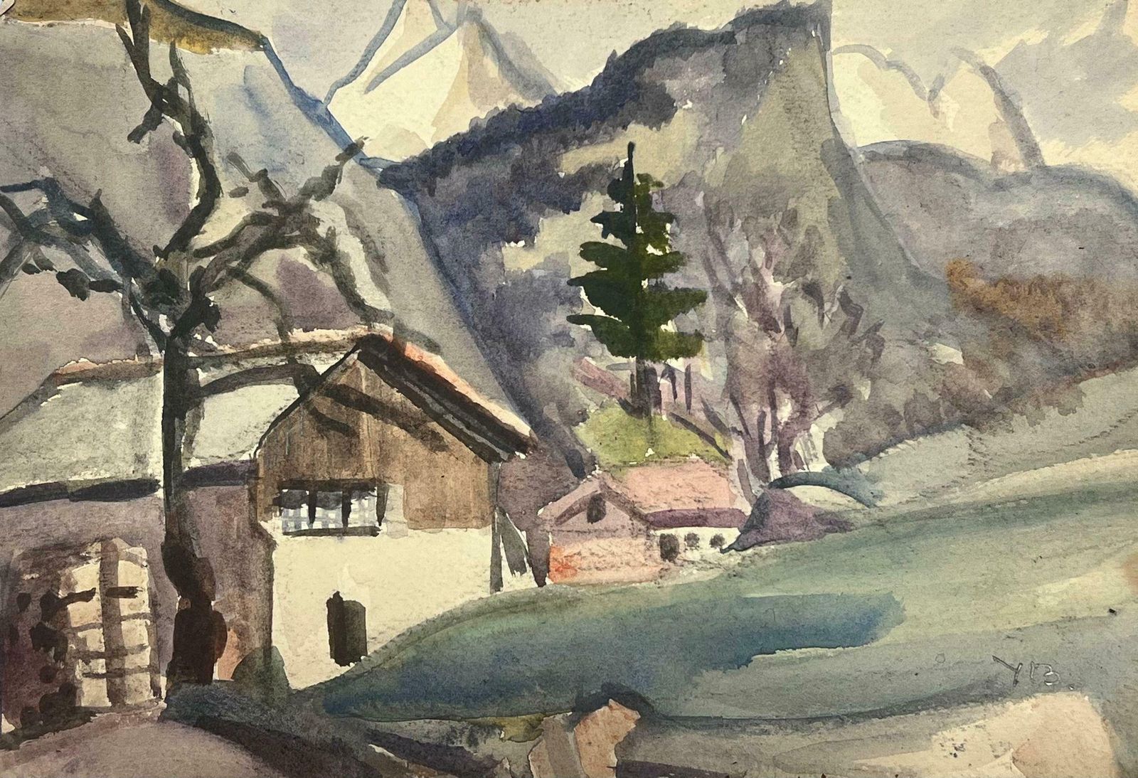Y. Blanchon1930's French Watercolour Landscape Houses In Mountains1930's