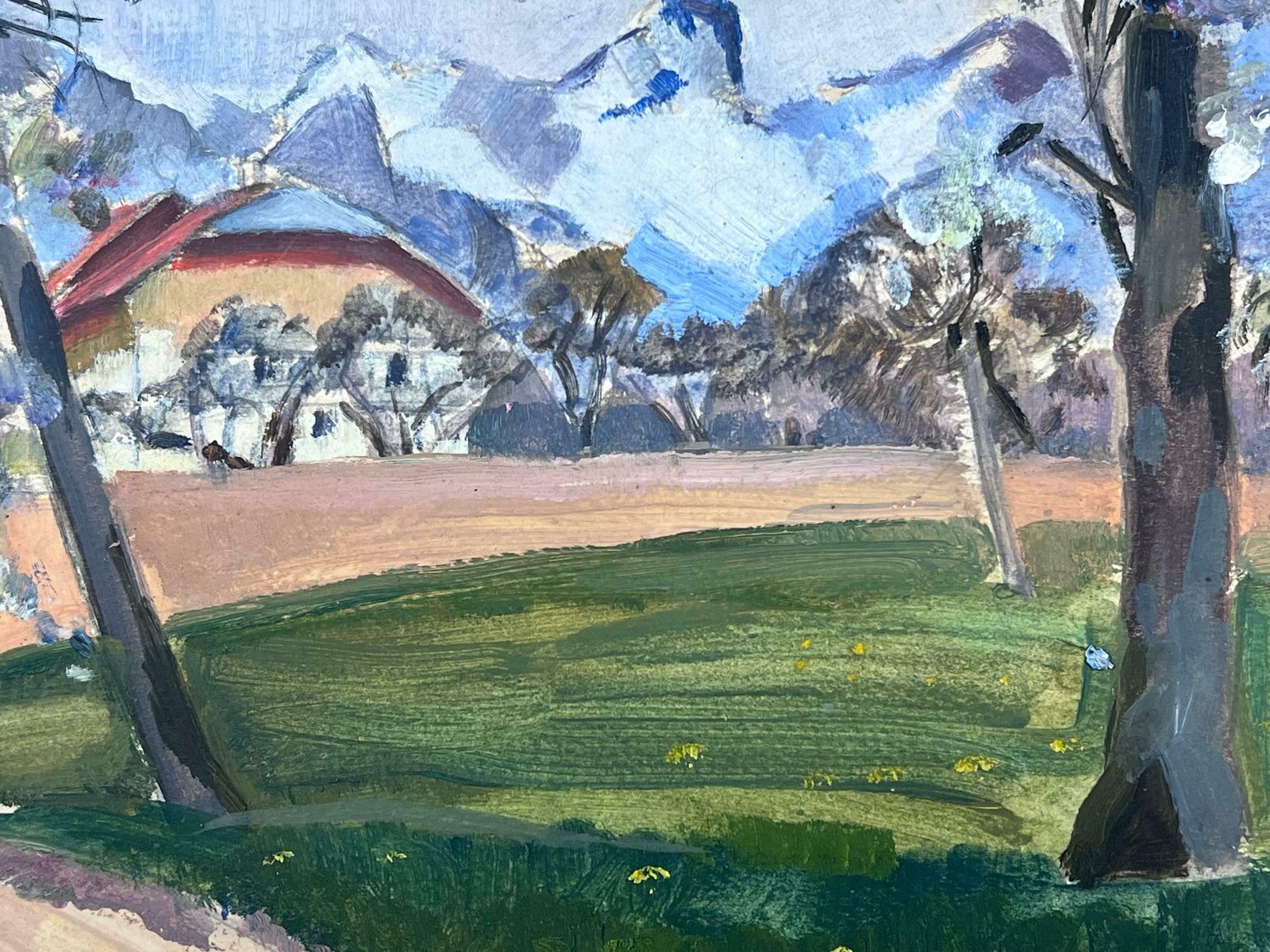 Y. Blanchon1930's Gouache Painting French White Mountains In Green Field Landscape1930's photo for sale