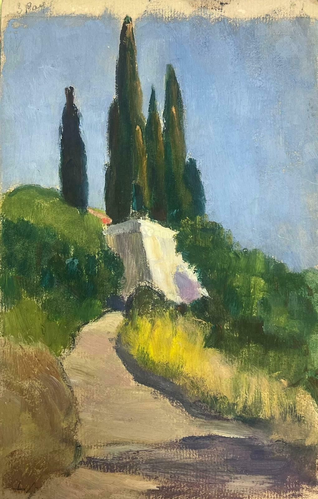 Y. Blanchon1930's French Gouache Landscape Pathway Leading Up To Provence White Chateau 1930's photo for sale