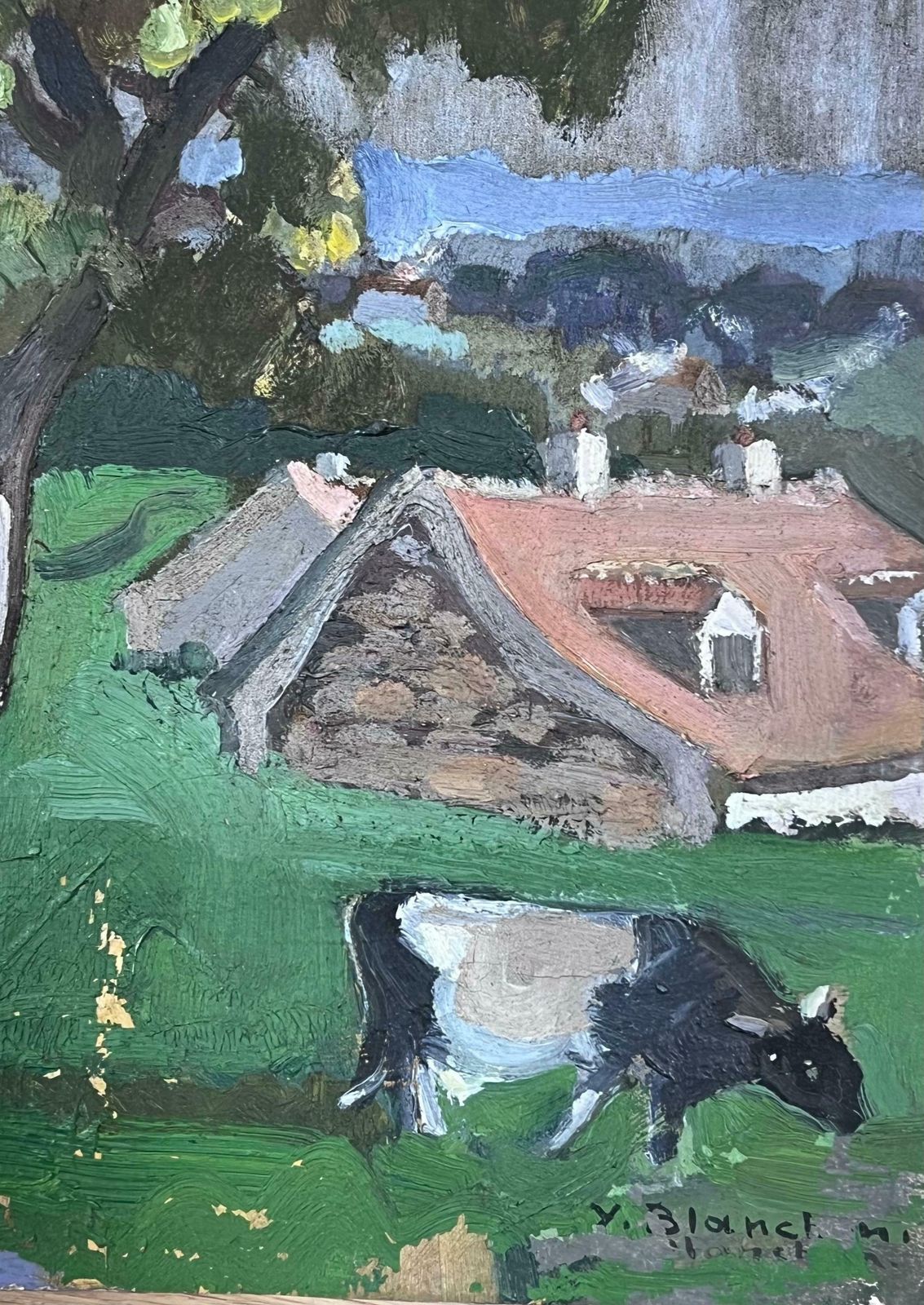 Y. Blanchon1930's Oil Painting Cow In Grey Gloomy Meadow Landscape1930's photo Art