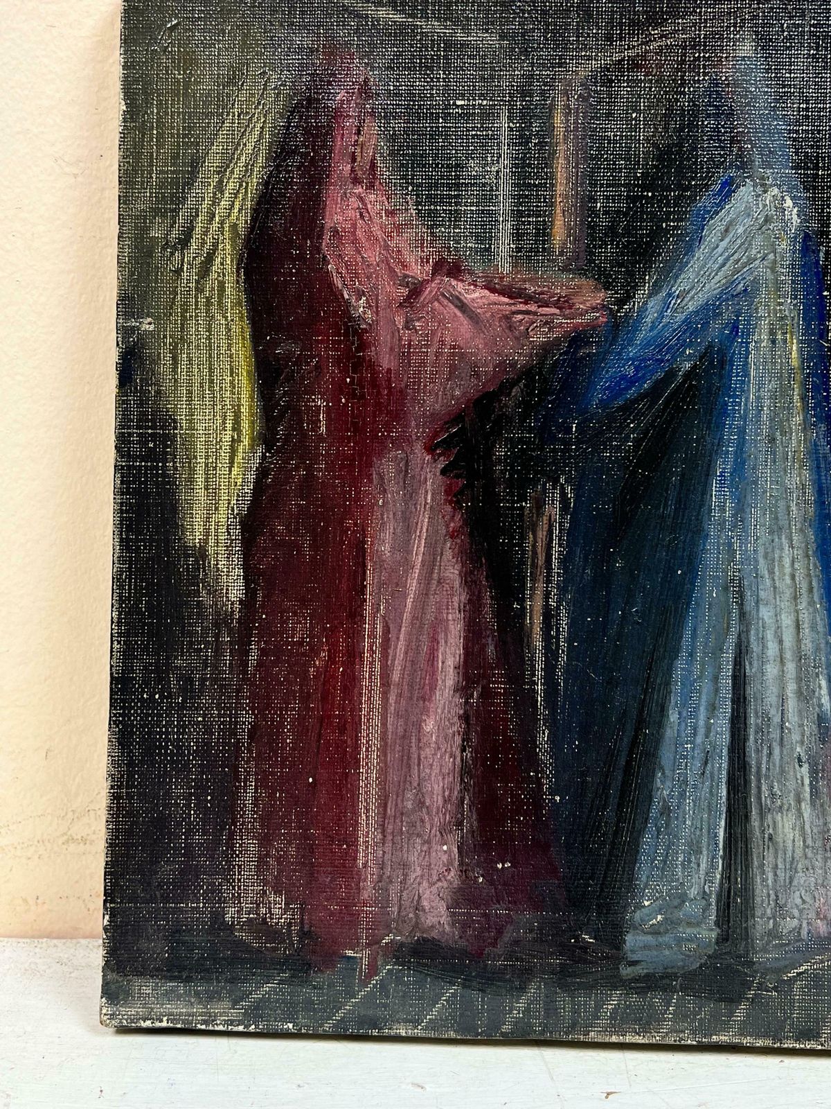 French School1950's French Modernist Signed Oil La Visitation Surrealist Figures1950's photo furniture