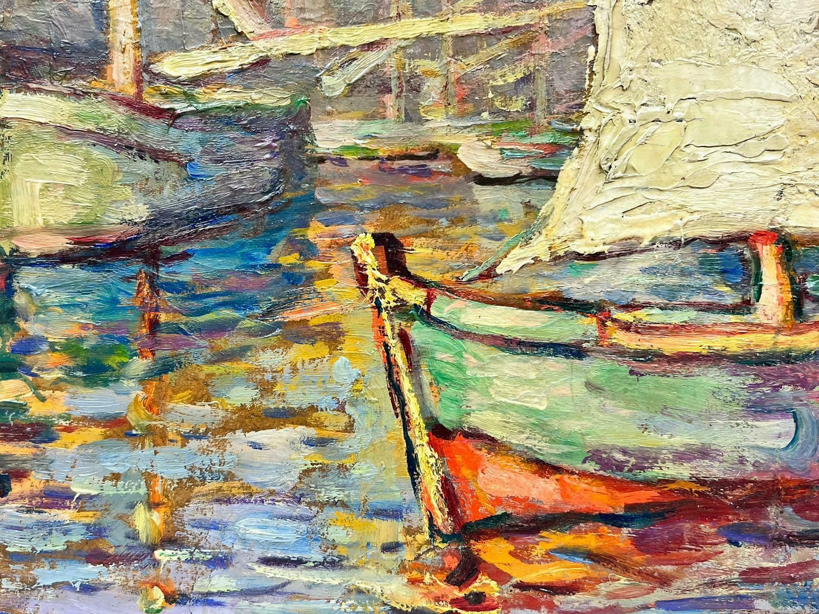 French School1950’s French Impressionist Oil Sleepy Med Fishing Sunny Harbour Signed1950 photo for sale