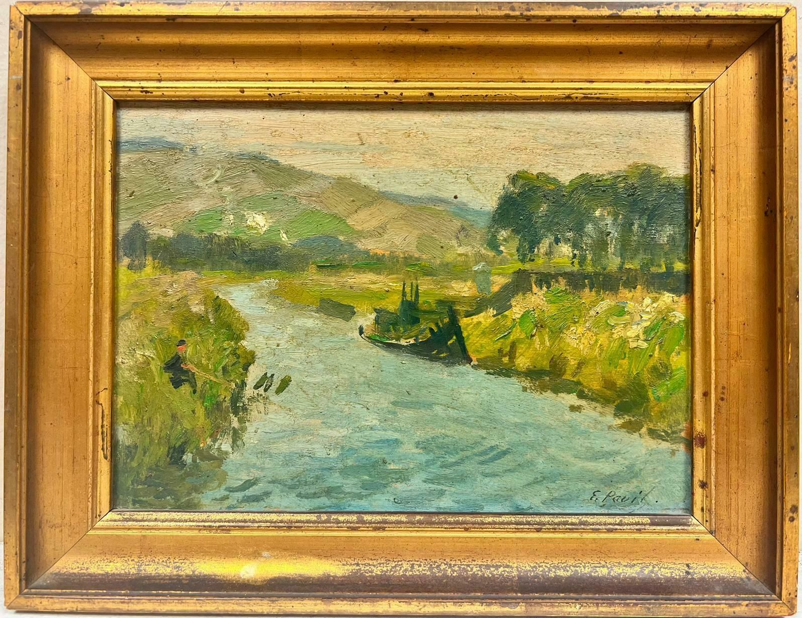 Elie Anatole Pavilfishing Boat On Rural River Green Landscape Signed Impressionist Oil Painting photo furniture