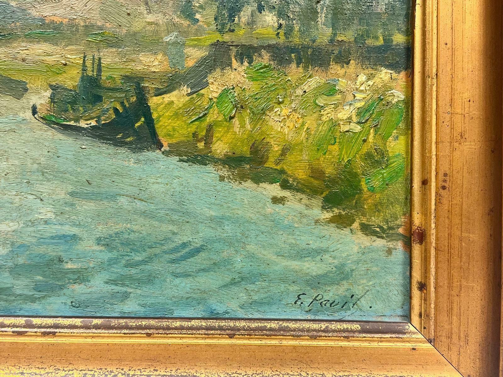 Elie Anatole Pavilfishing Boat On Rural River Green Landscape Signed Impressionist Oil Painting photo for sale