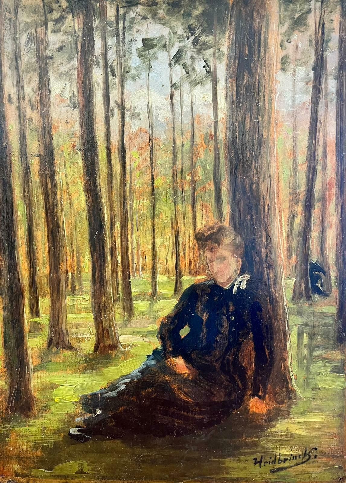 German Impressionist Seated Lady Under Tree In Woodland Antique Signed Oil