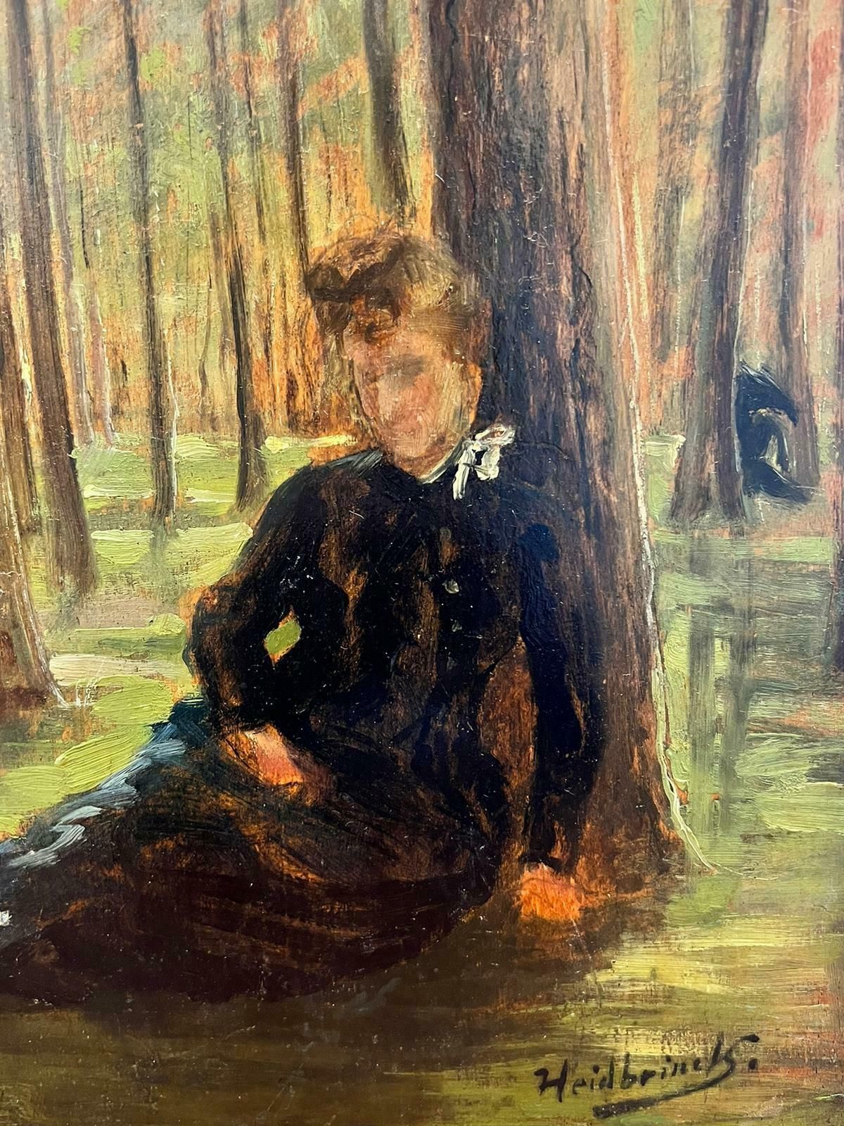 German Impressionist Seated Lady Under Tree In Woodland Antique Signed Oil photo for sale