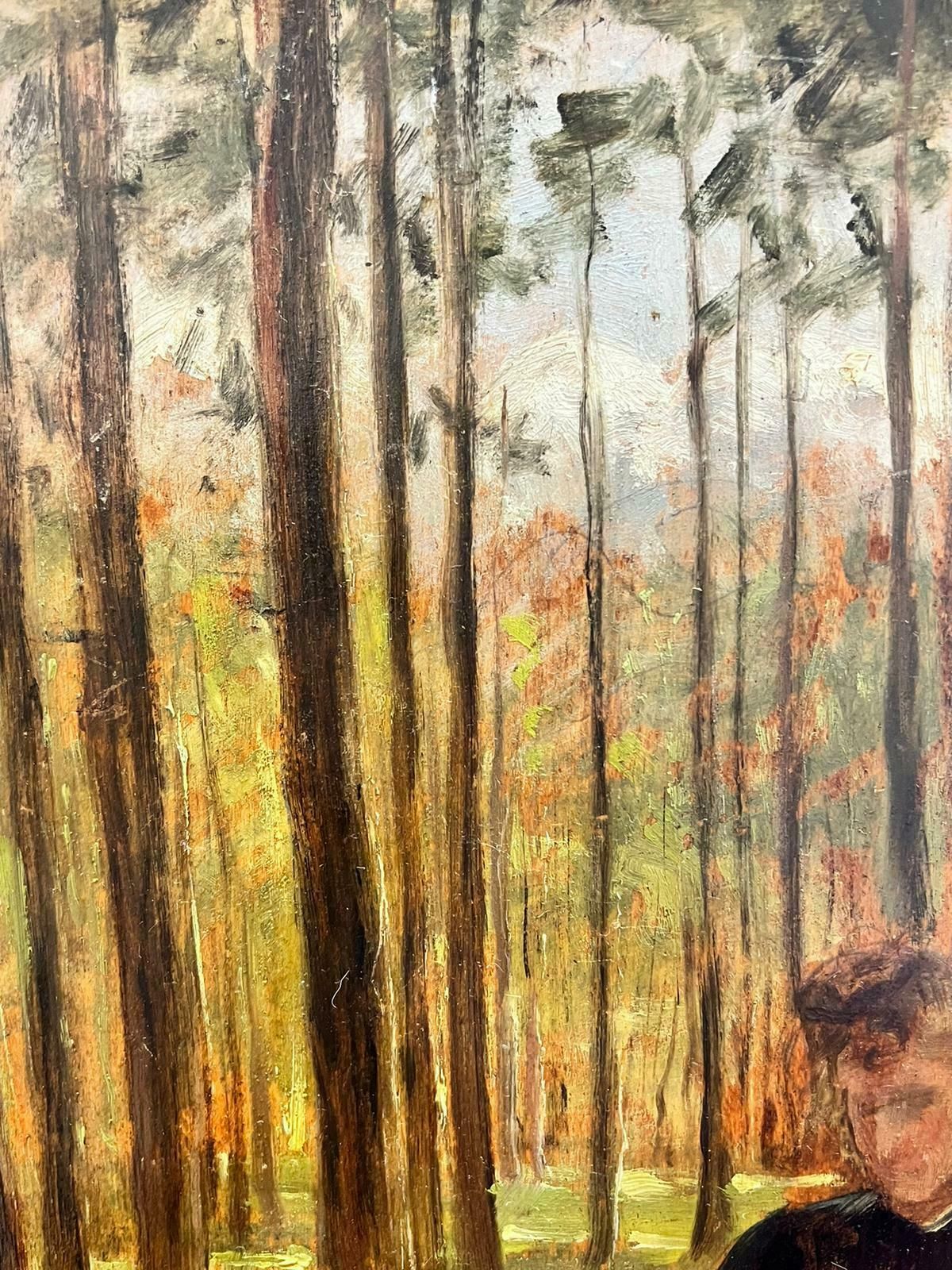 German Impressionist Seated Lady Under Tree In Woodland Antique Signed Oil photo Art