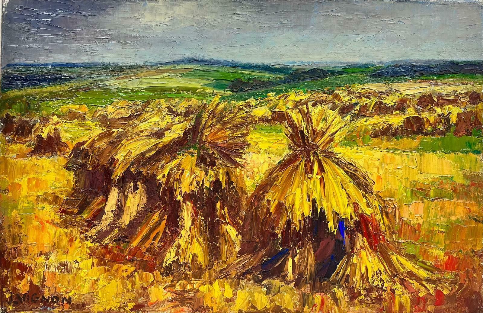 Josine Vignon1960’s French Post Impressionist Signed Oil Golden Wheat Fields Harvest Scene1960's