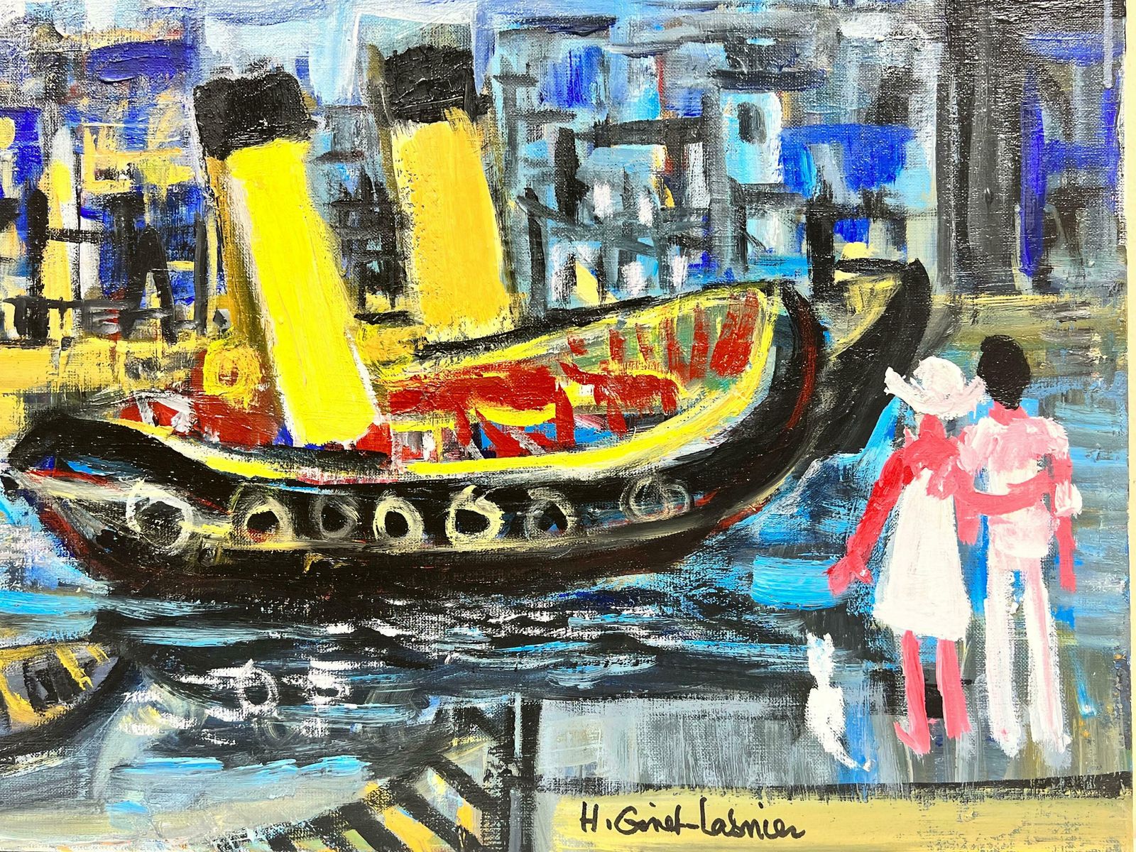 Huguette Ginet Lasnier French Modernist Contemporary Oil Couple With Dog In Harbor With Boatsc. 2000's photo furniture