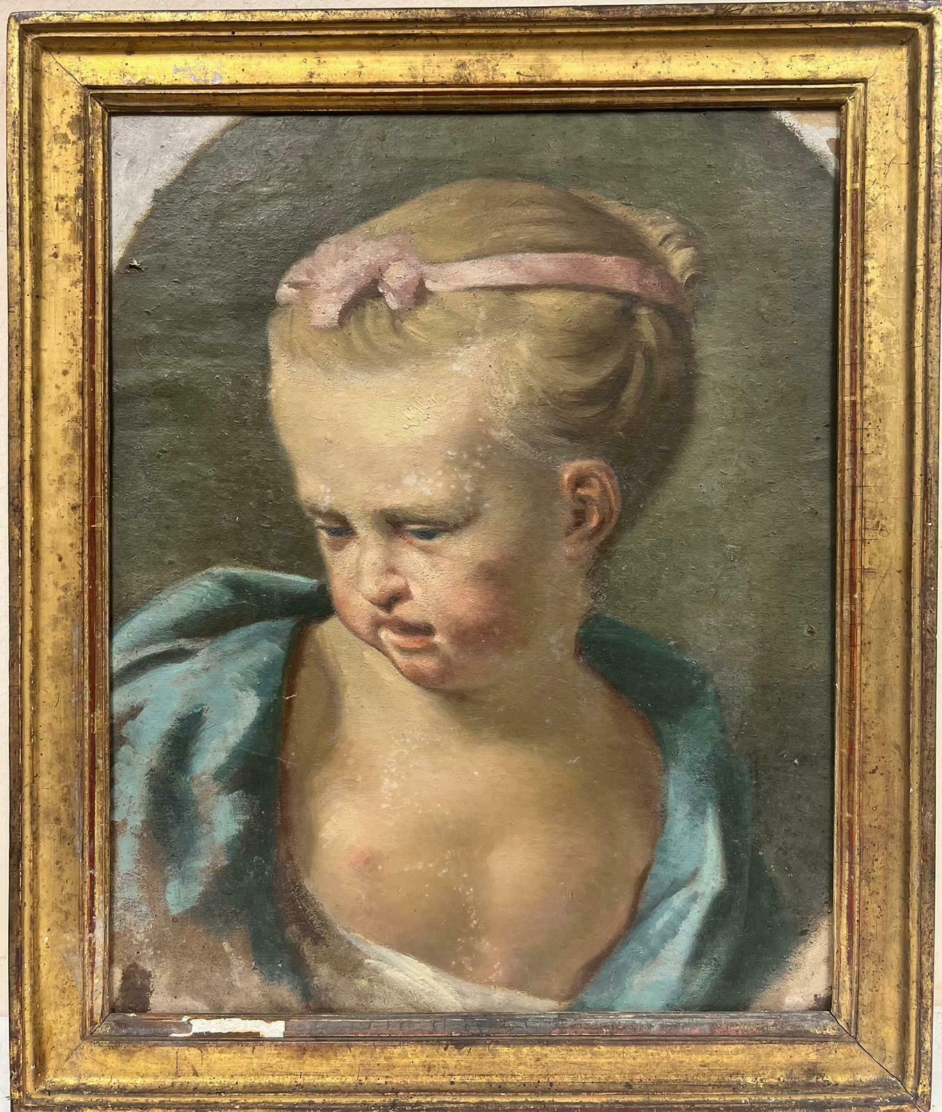 French School1800’s French Rococo Oil Portrait Of Young Girl Pink Bow Blue Dress To Restore