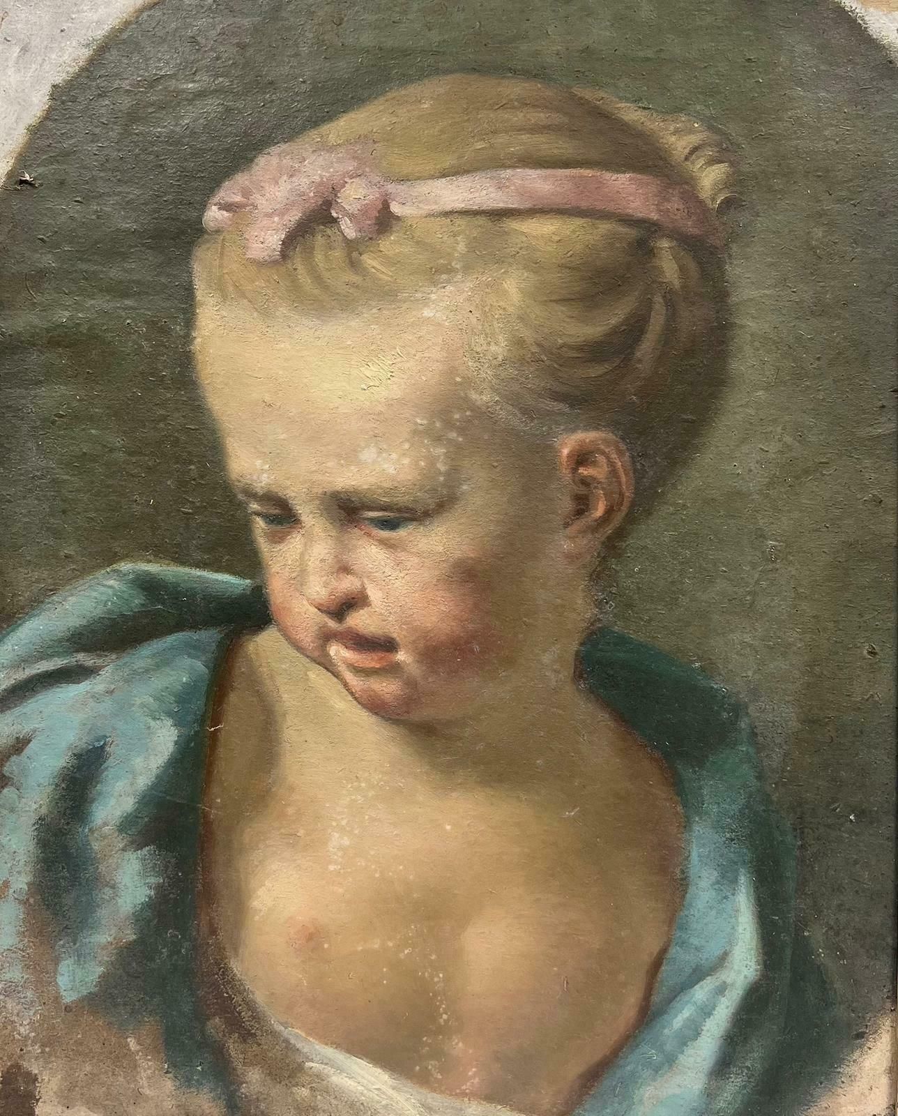 French School1800’s French Rococo Oil Portrait Of Young Girl Pink Bow Blue Dress To Restore photo furniture