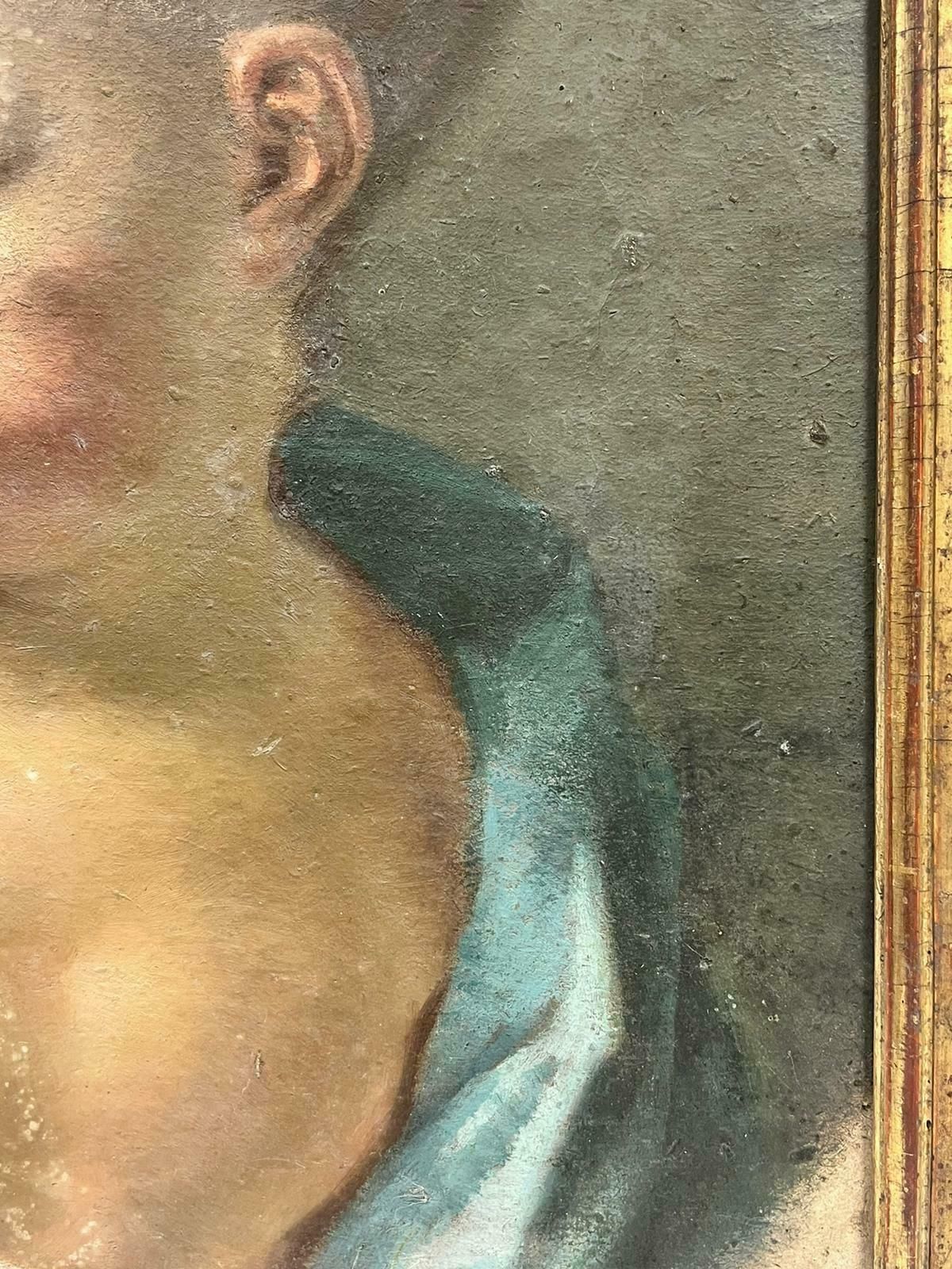 French School1800’s French Rococo Oil Portrait Of Young Girl Pink Bow Blue Dress To Restore photo vinterior