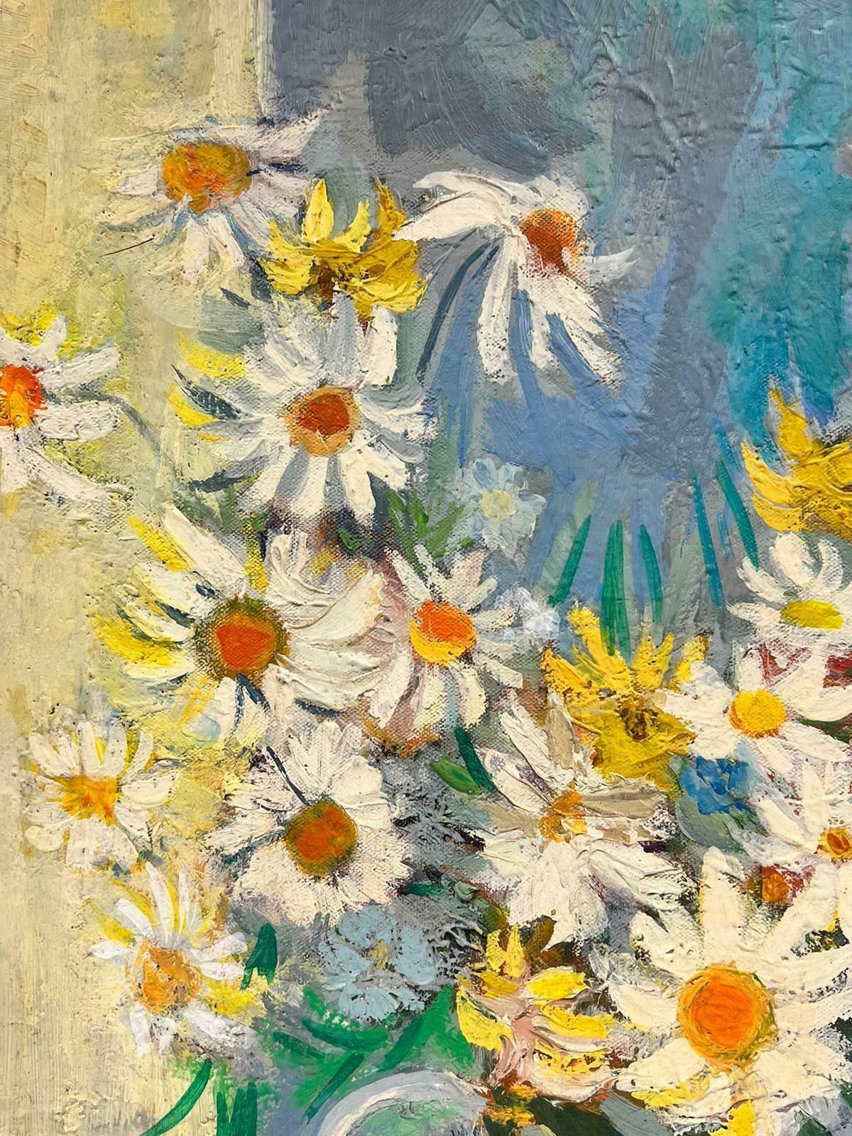 Huguette Ginet Lasnier Bright & Cheerful French Modernist Signed Oil Still Life Flowers In Vasec. 2000's photo for sale