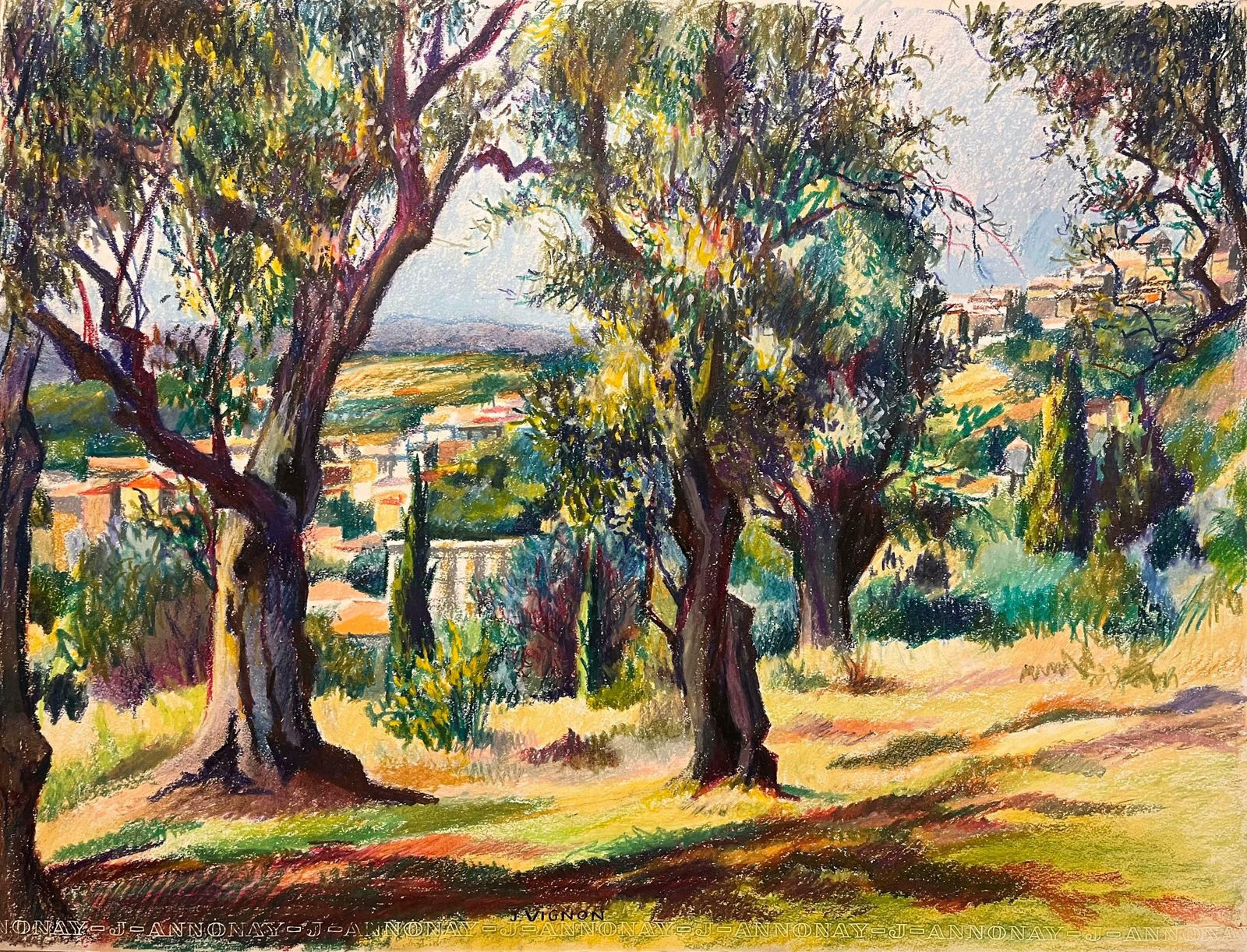 Josine Vignonmid Century French Original Pastel Drawing Of Sunlit Woodland And Village1950's