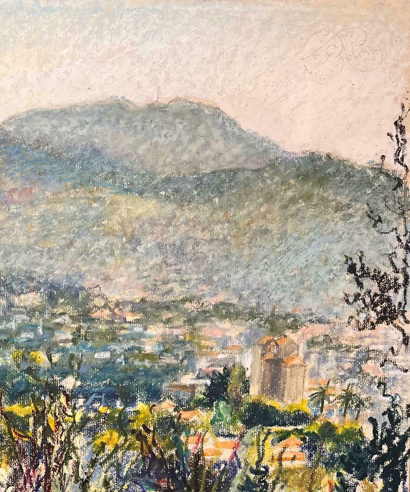 Josine Vignonmid Century French Original Pastel Drawing Of Mountain View Overlooking Village1950's photo Art
