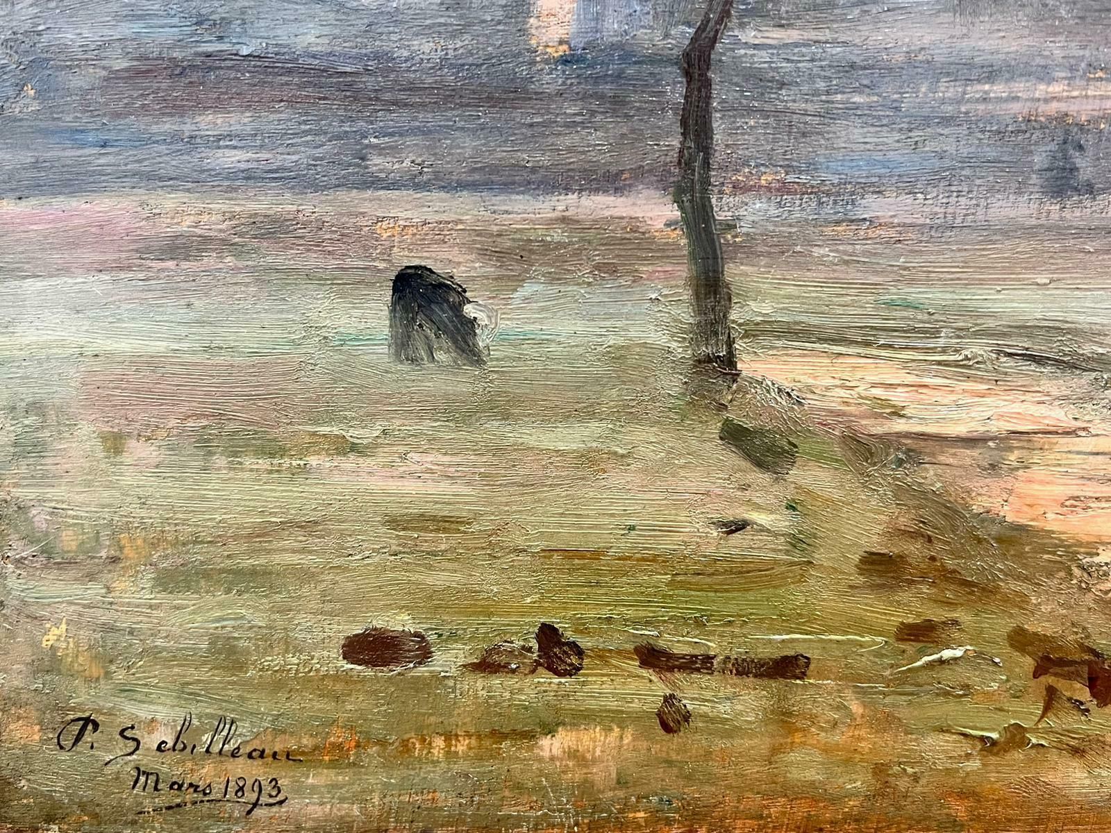 Paul Sébilleau 1890’s French Impressionist Signed Oil Pink Sunset Sky Over Countryside Fields1893 photo Art