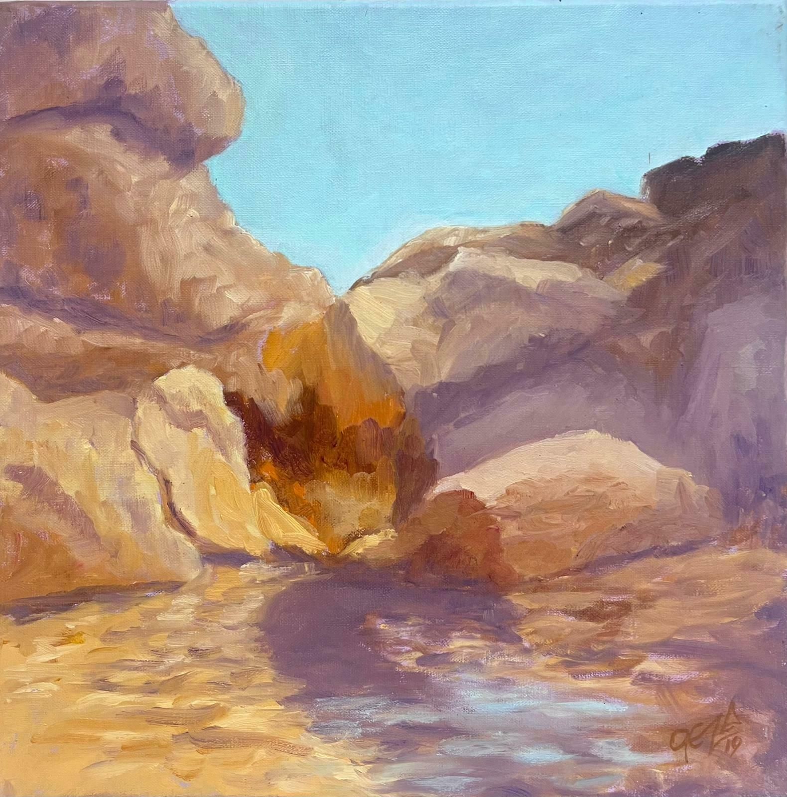 Geza Somerset Paddoncrumbling Layered Rocks Into Lake Contemporary British Oil Painting Canvas
