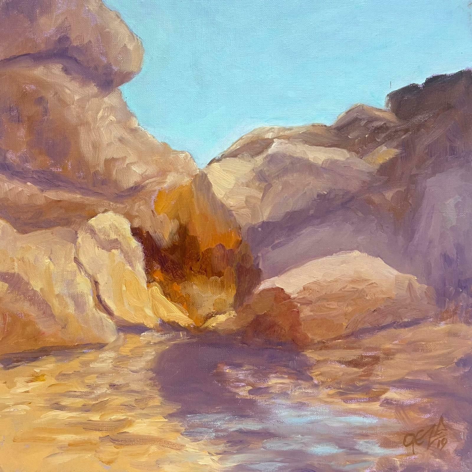 Geza Somerset Paddoncrumbling Layered Rocks Into Lake Contemporary British Oil Painting Canvas photo furniture