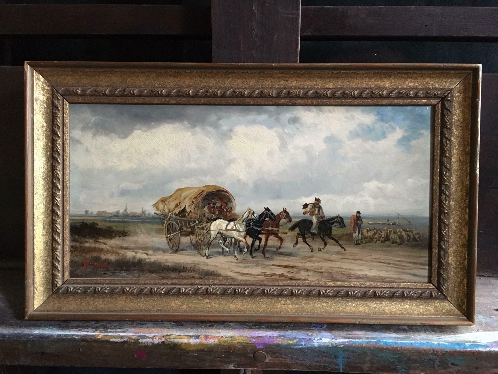 Rudolf Stonewestern Travellers, Signed Victorian Oil Painting, Horsesc.1890's photo for sale