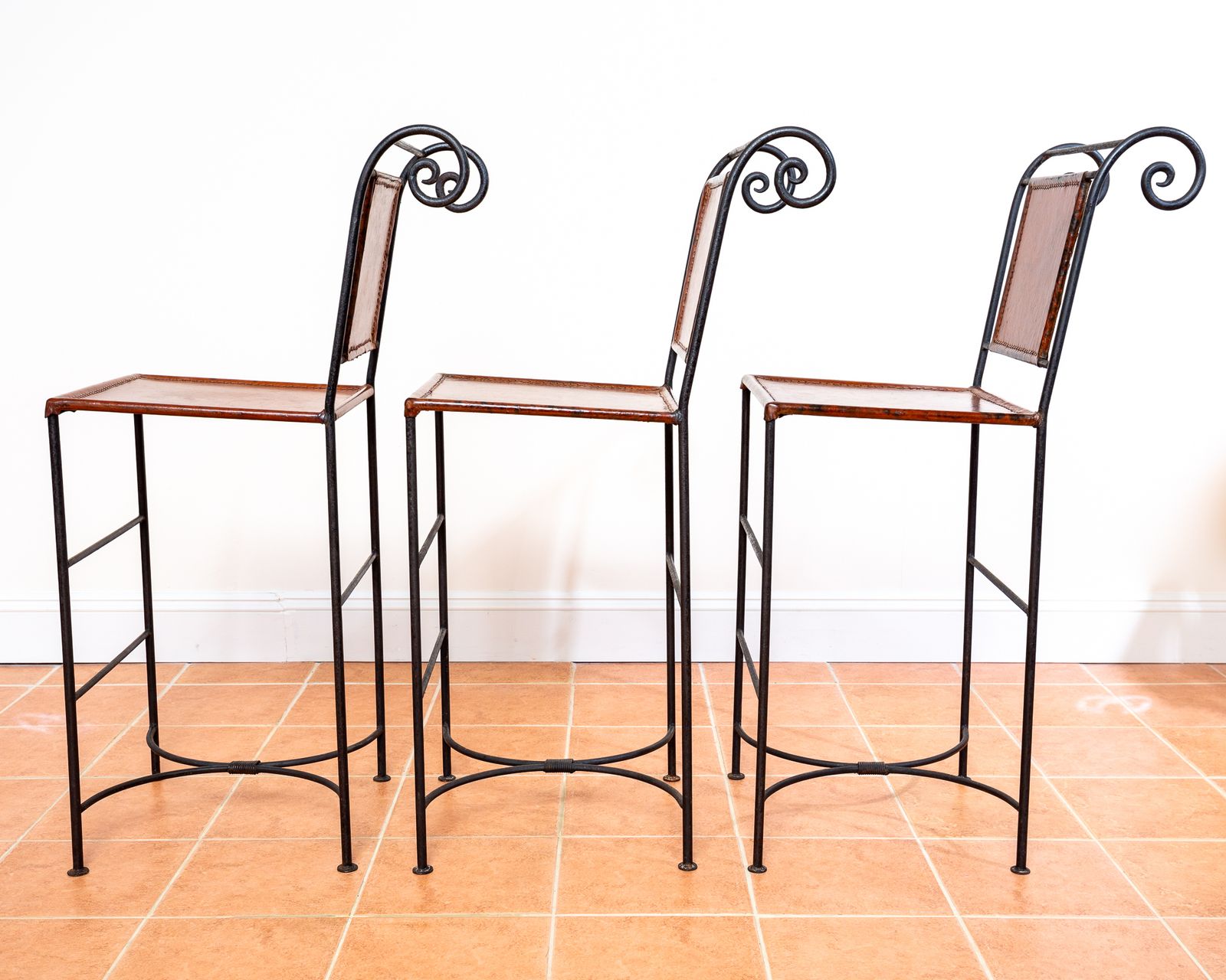 3 Ralph Lauren Barstools Tan Leather Wrought Iron High Bar Stools Neoclassical Designer Artisan Forged Hand Stitched Curule Art D.Eco photo furniture