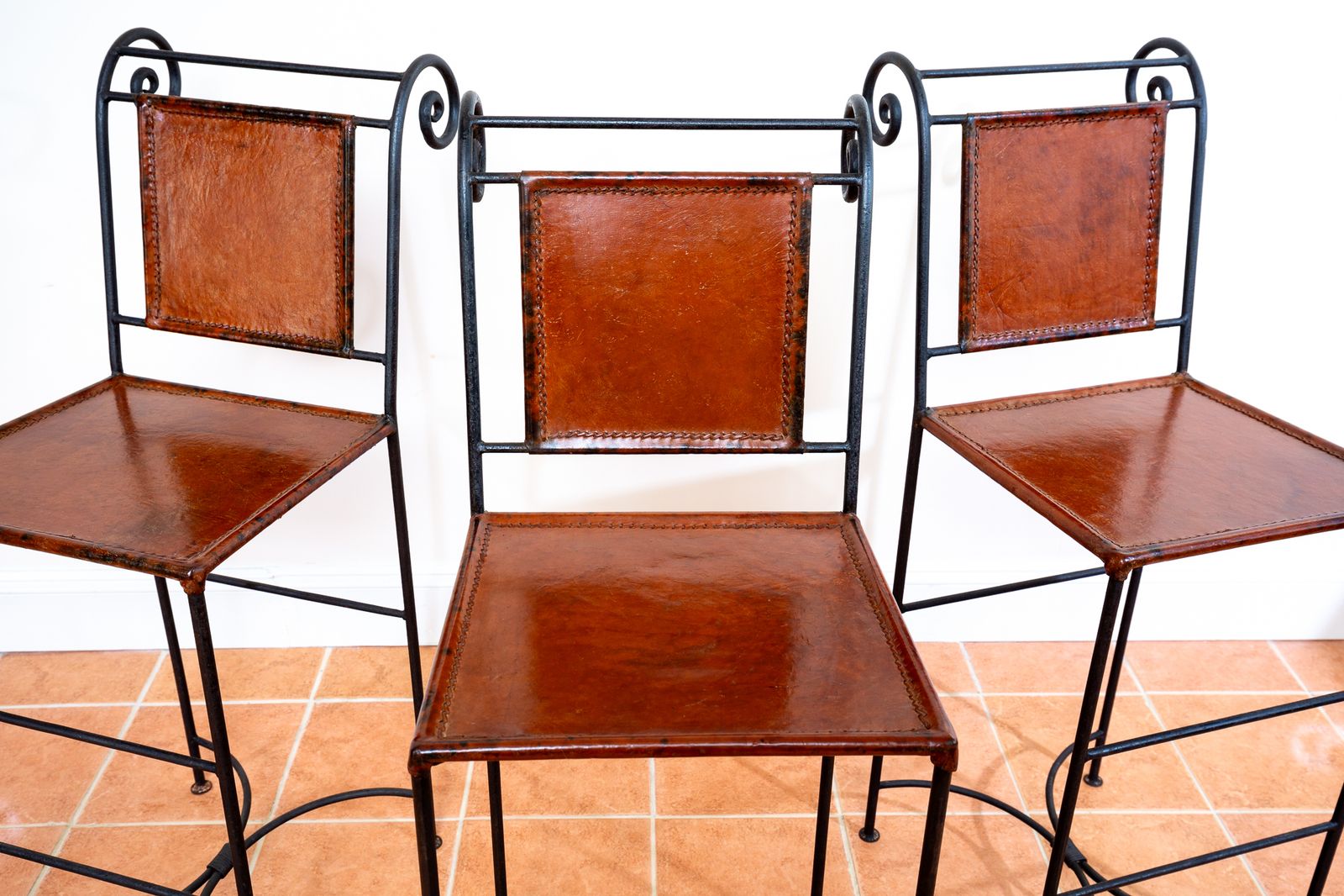 photo vintage 3 Ralph Lauren Barstools Tan Leather Wrought Iron High Bar Stools Neoclassical Designer Artisan Forged Hand Stitched Curule Art D.Eco
