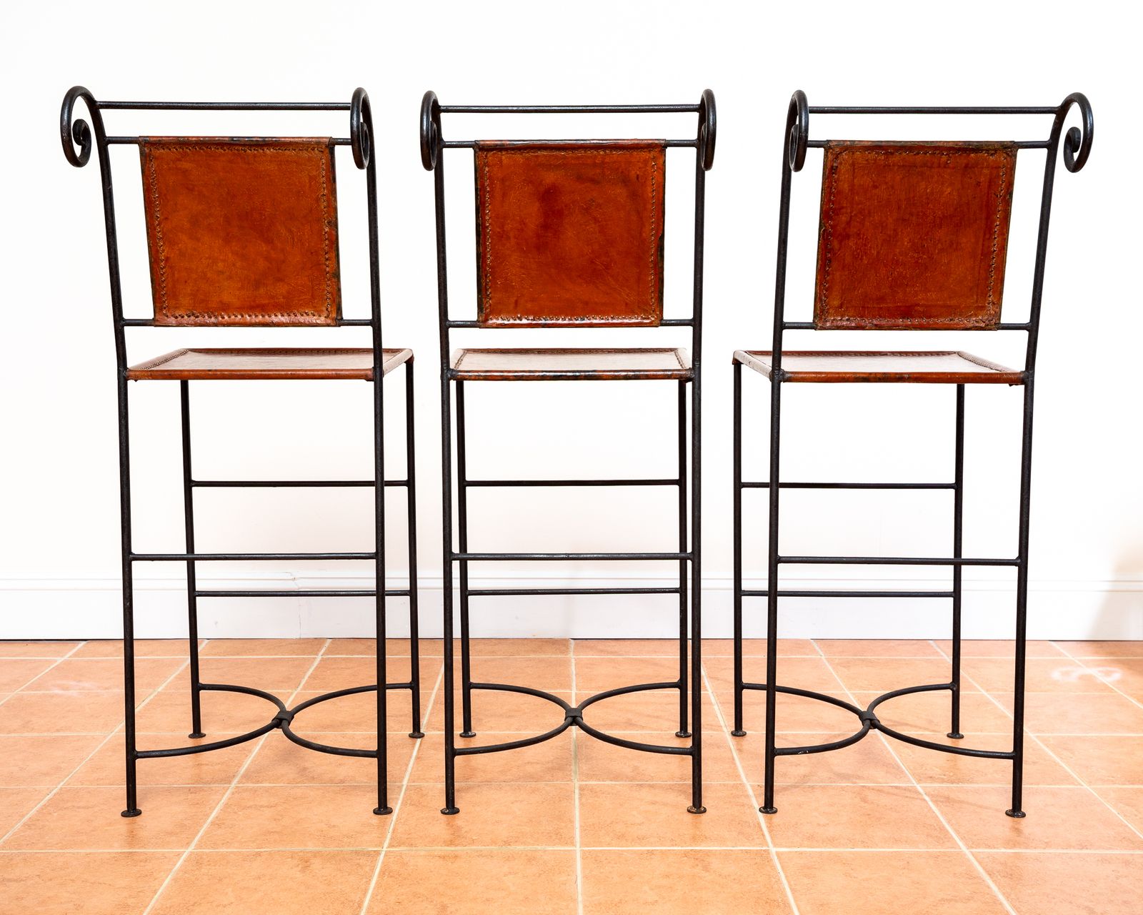 3 Ralph Lauren Barstools Tan Leather Wrought Iron High Bar Stools Neoclassical Designer Artisan Forged Hand Stitched Curule Art D.Eco photo buy