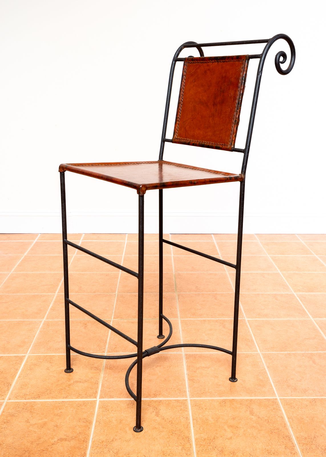 photo buy 3 Ralph Lauren Barstools Tan Leather Wrought Iron High Bar Stools Neoclassical Designer Artisan Forged Hand Stitched Curule Art D.Eco