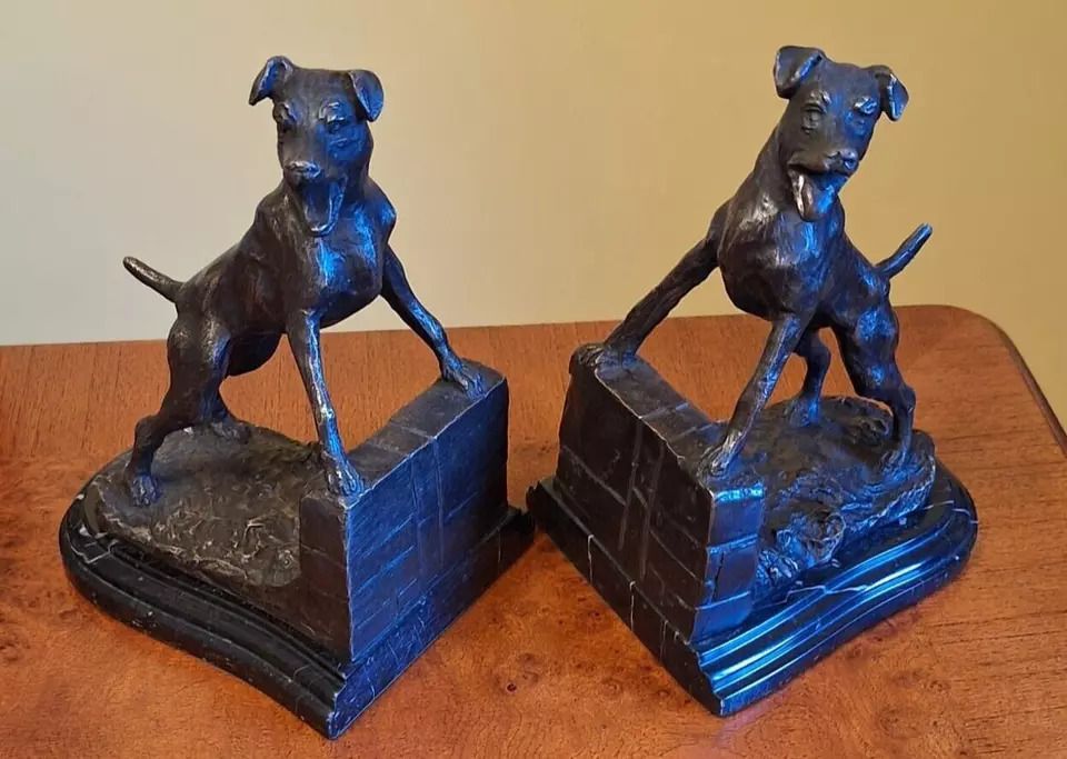 Pair Of Bronze And Marble Bookends Barking Dogs From E Drouot, France C. 1890 photo vintage